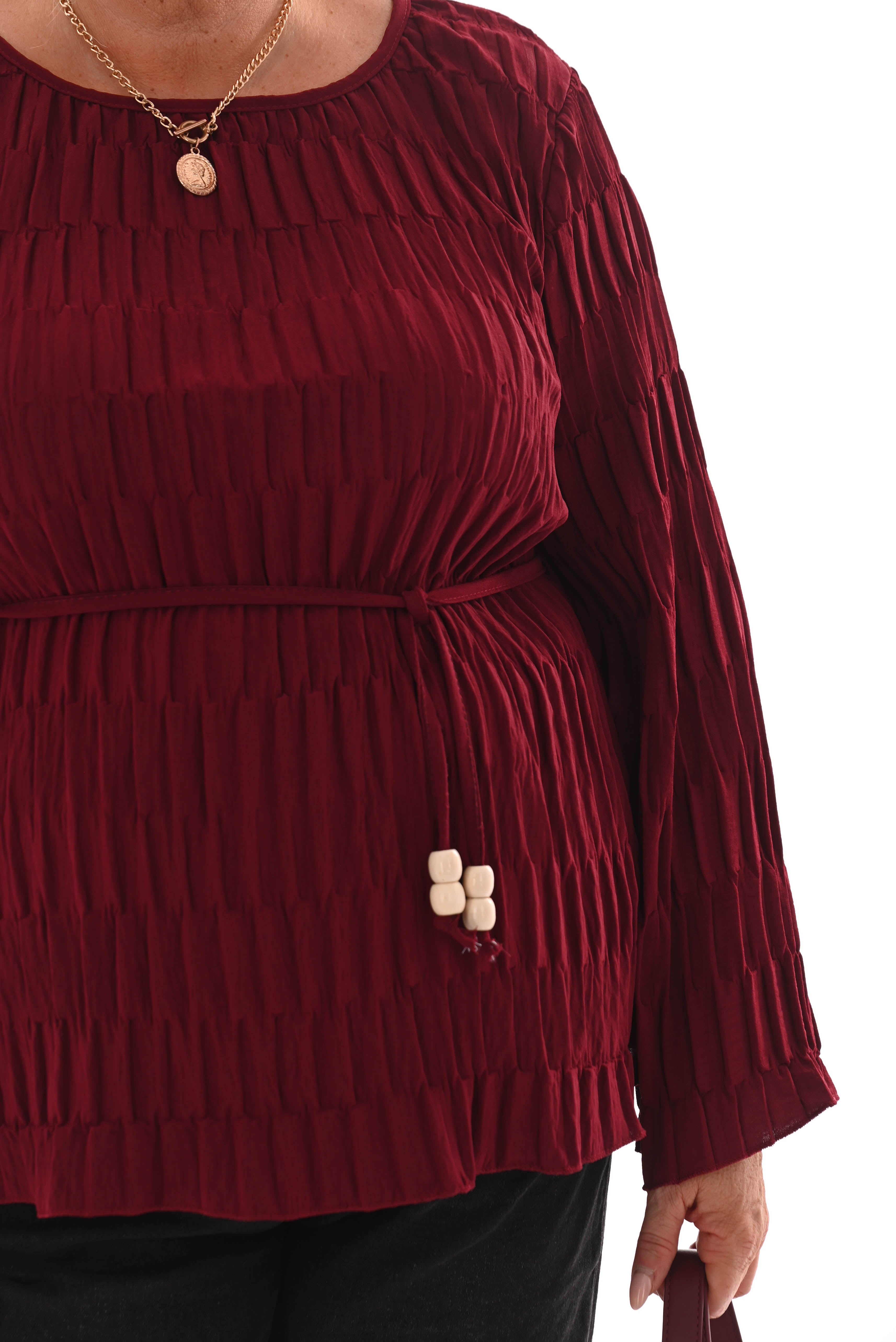 Top lange mouwen structuur ceintuur bordeaux