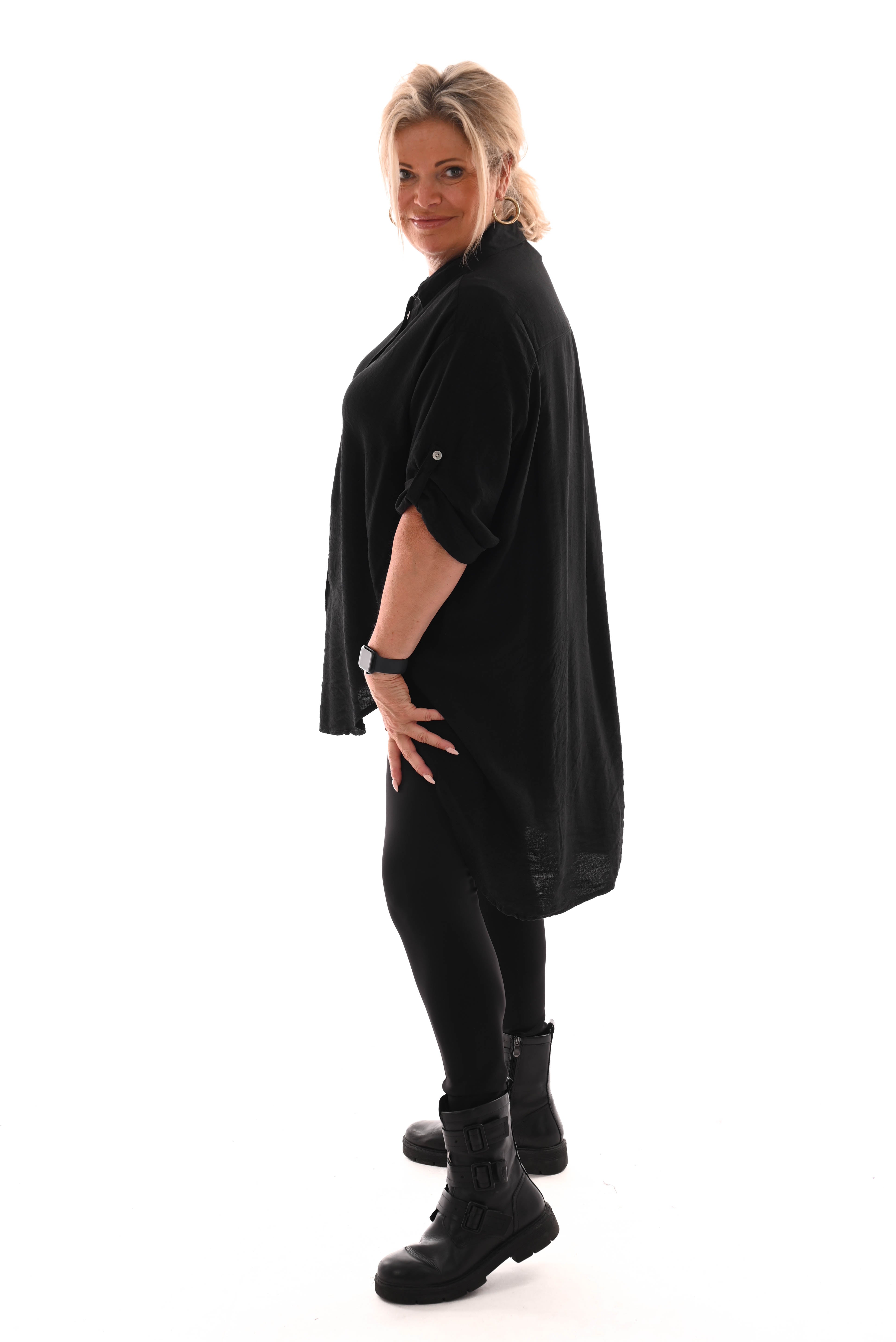 Doorknoop blouse crepe ophaalmouwen zwart