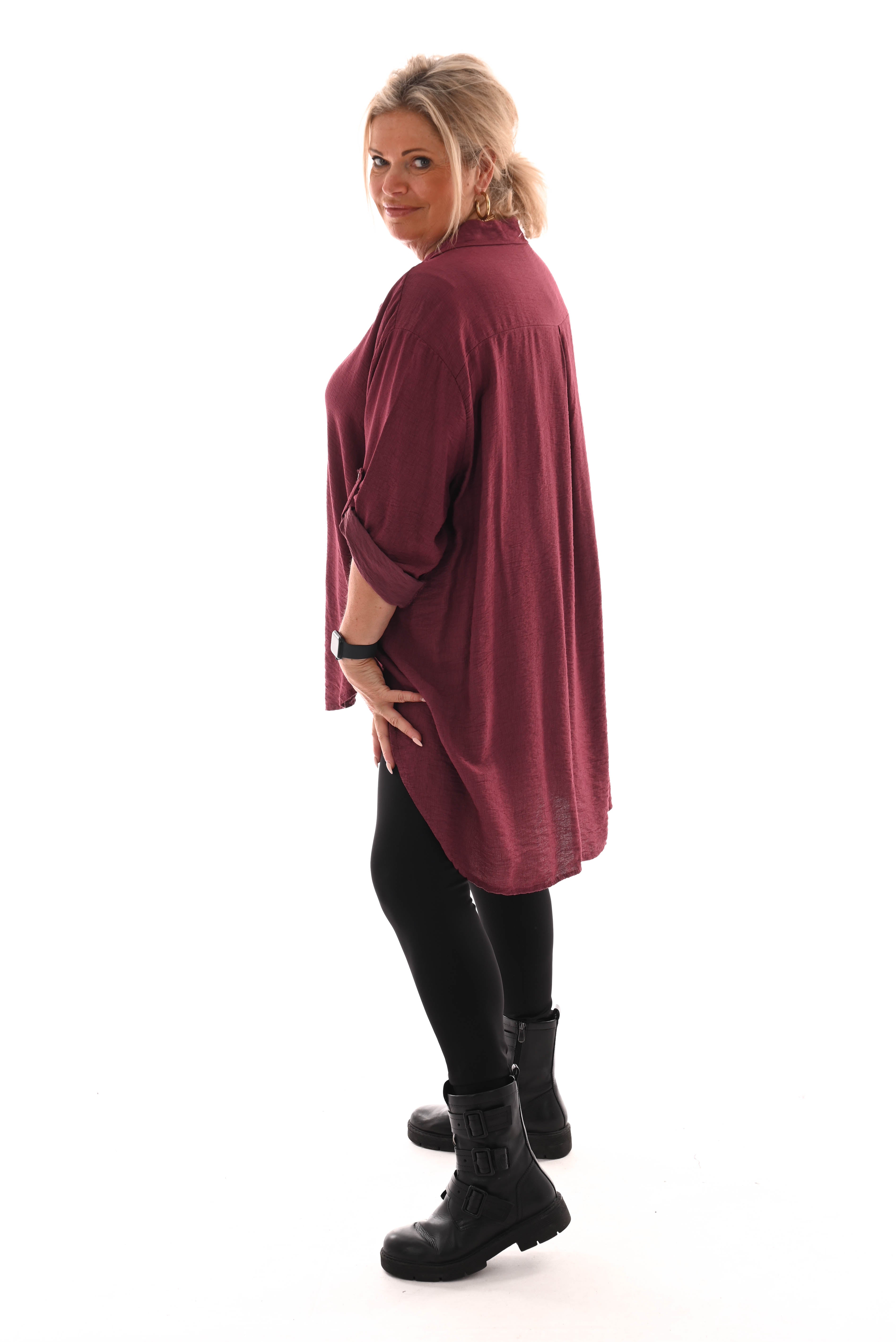 Doorknoop blouse crepe ophaalmouwen bordeaux