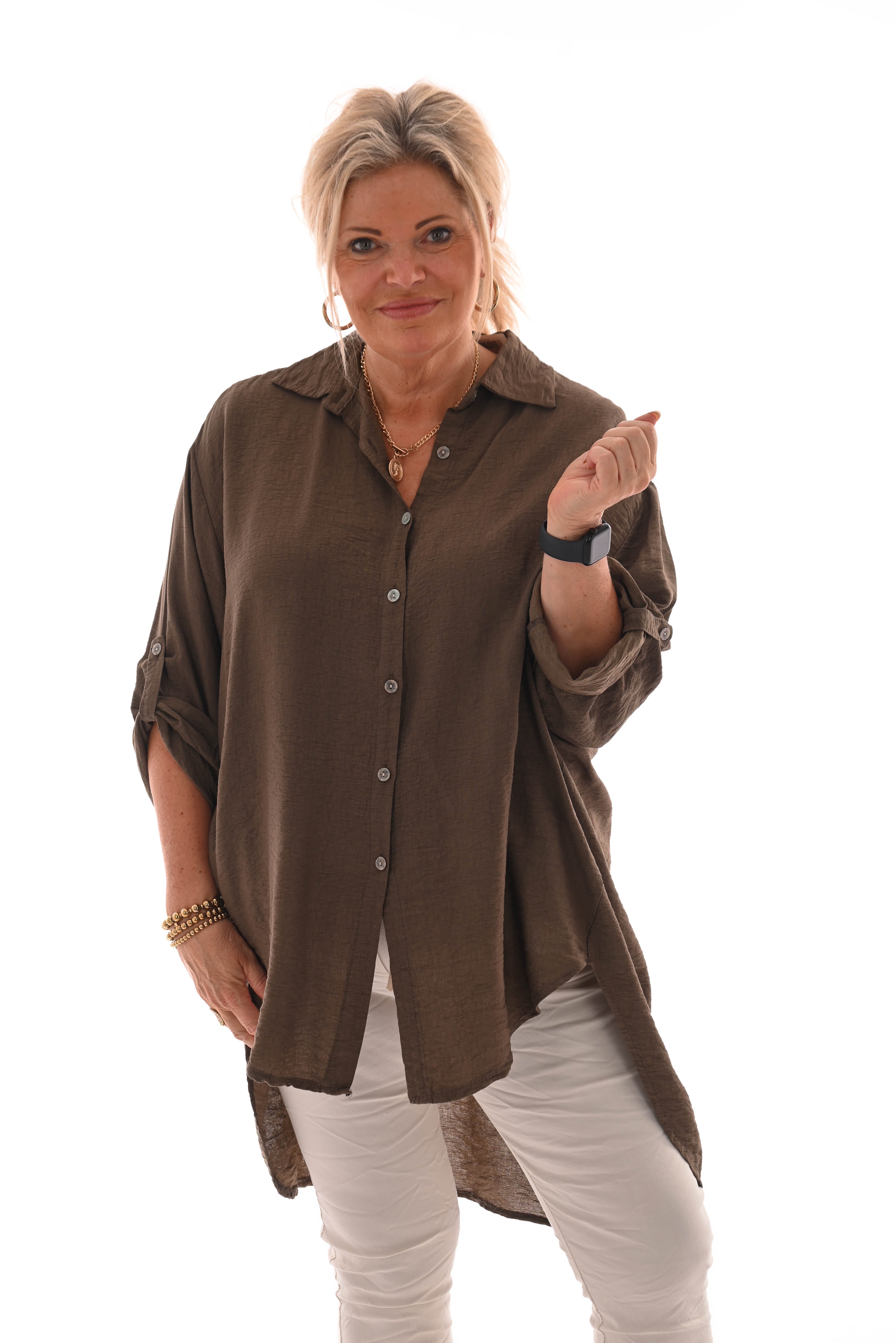 Doorknoop blouse crepe ophaalmouwen bruin