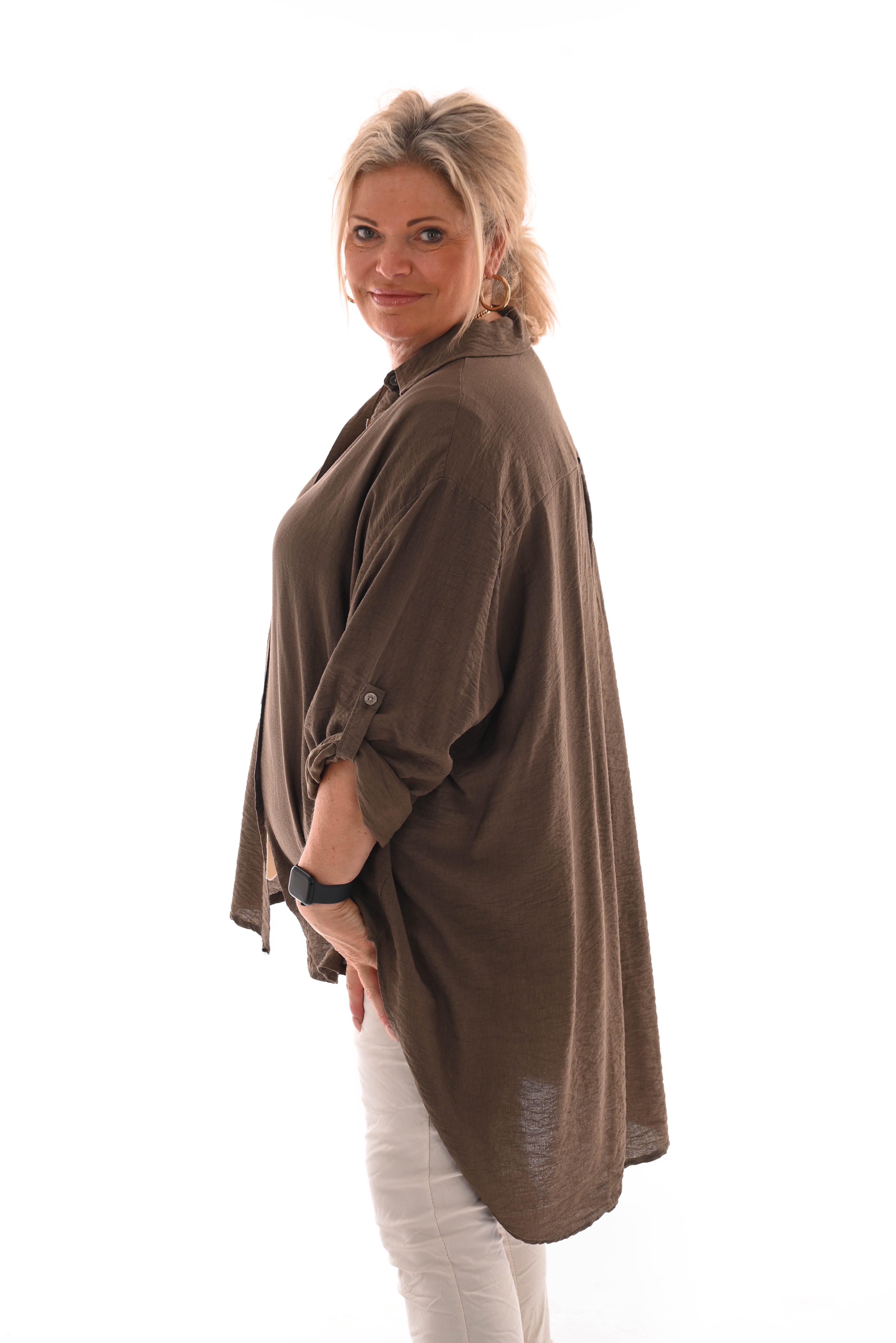 Doorknoop blouse crepe ophaalmouwen bruin
