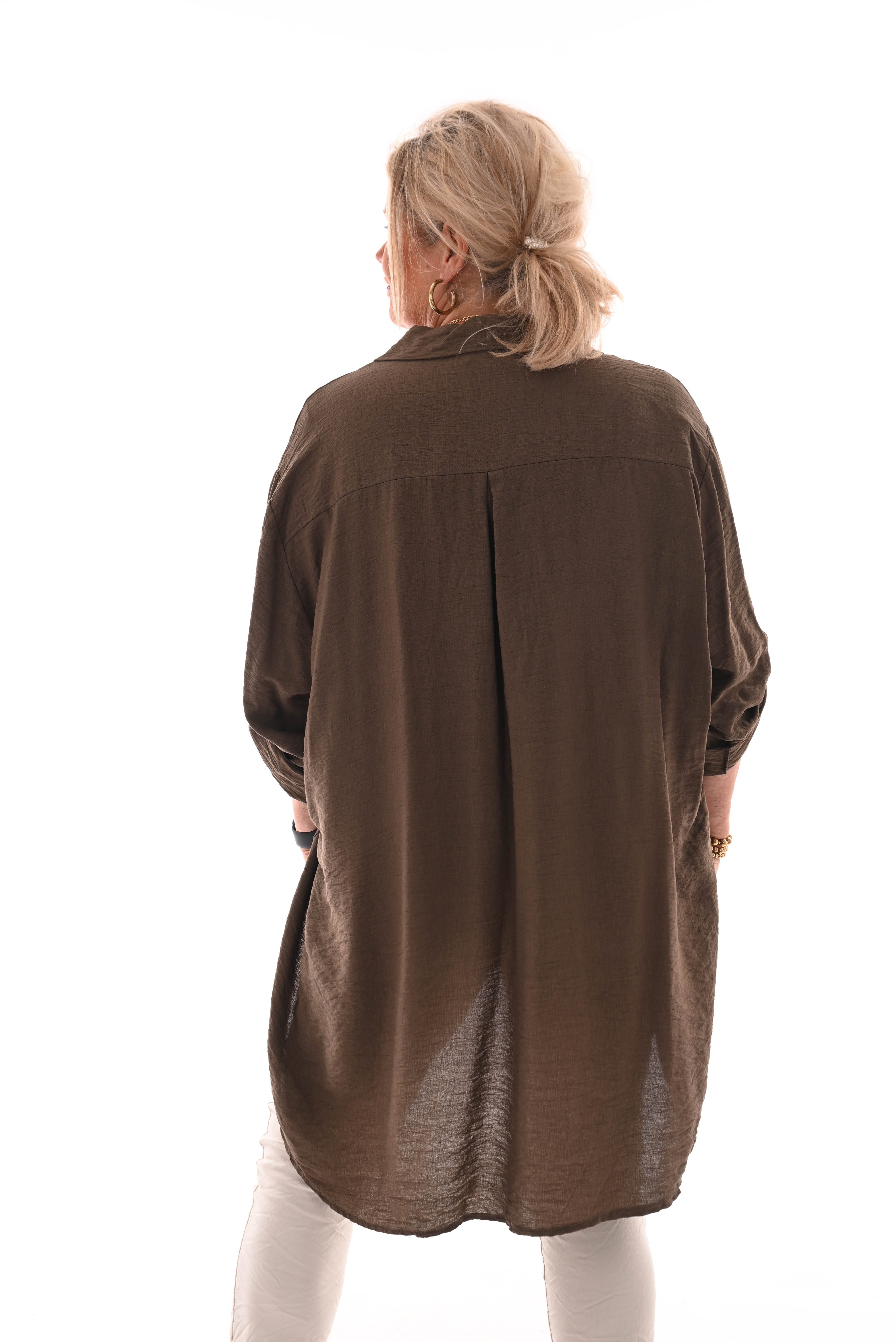 Doorknoop blouse crepe ophaalmouwen bruin