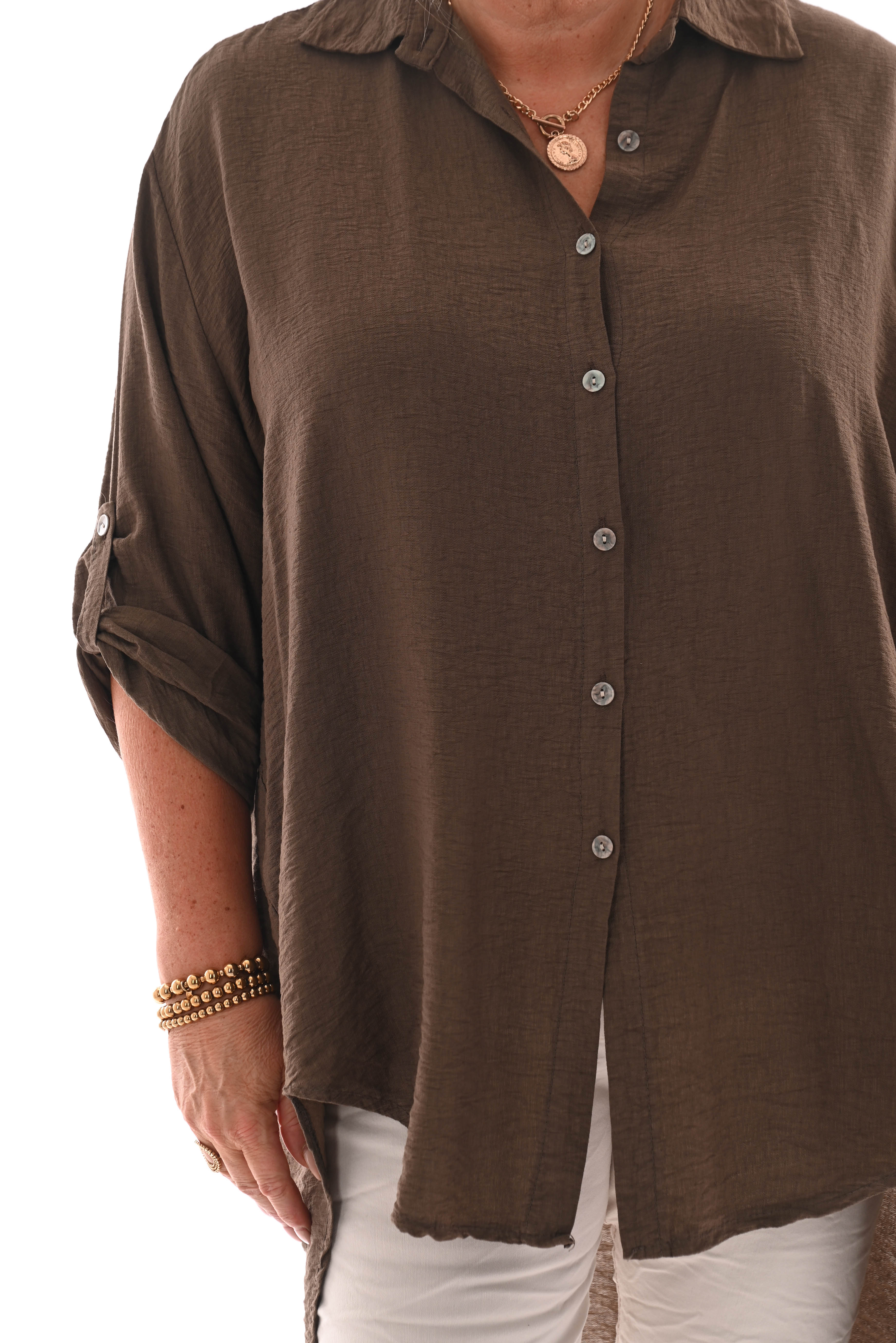 Doorknoop blouse crepe ophaalmouwen bruin