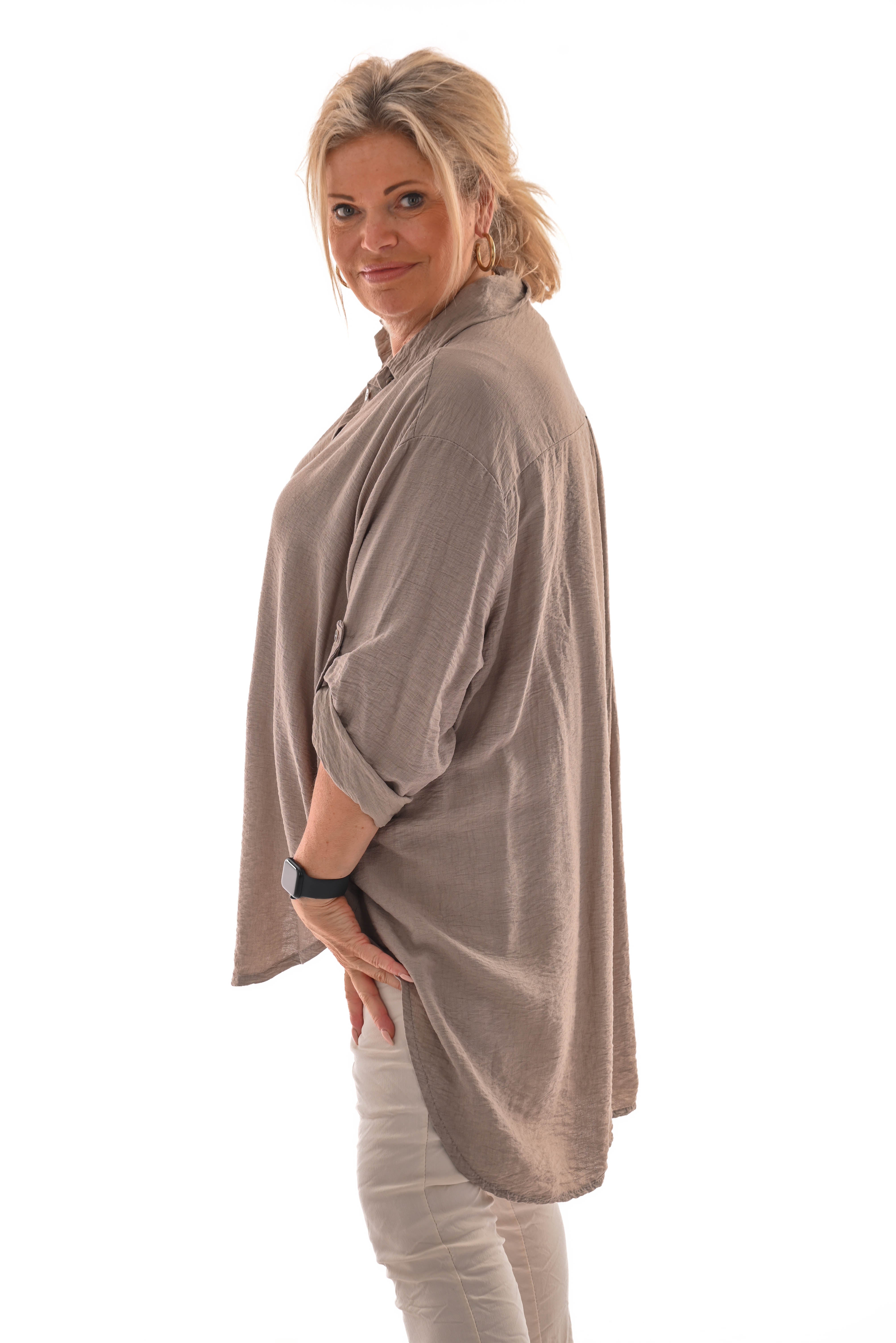 Doorknoop blouse crepe ophaalmouwen taupe