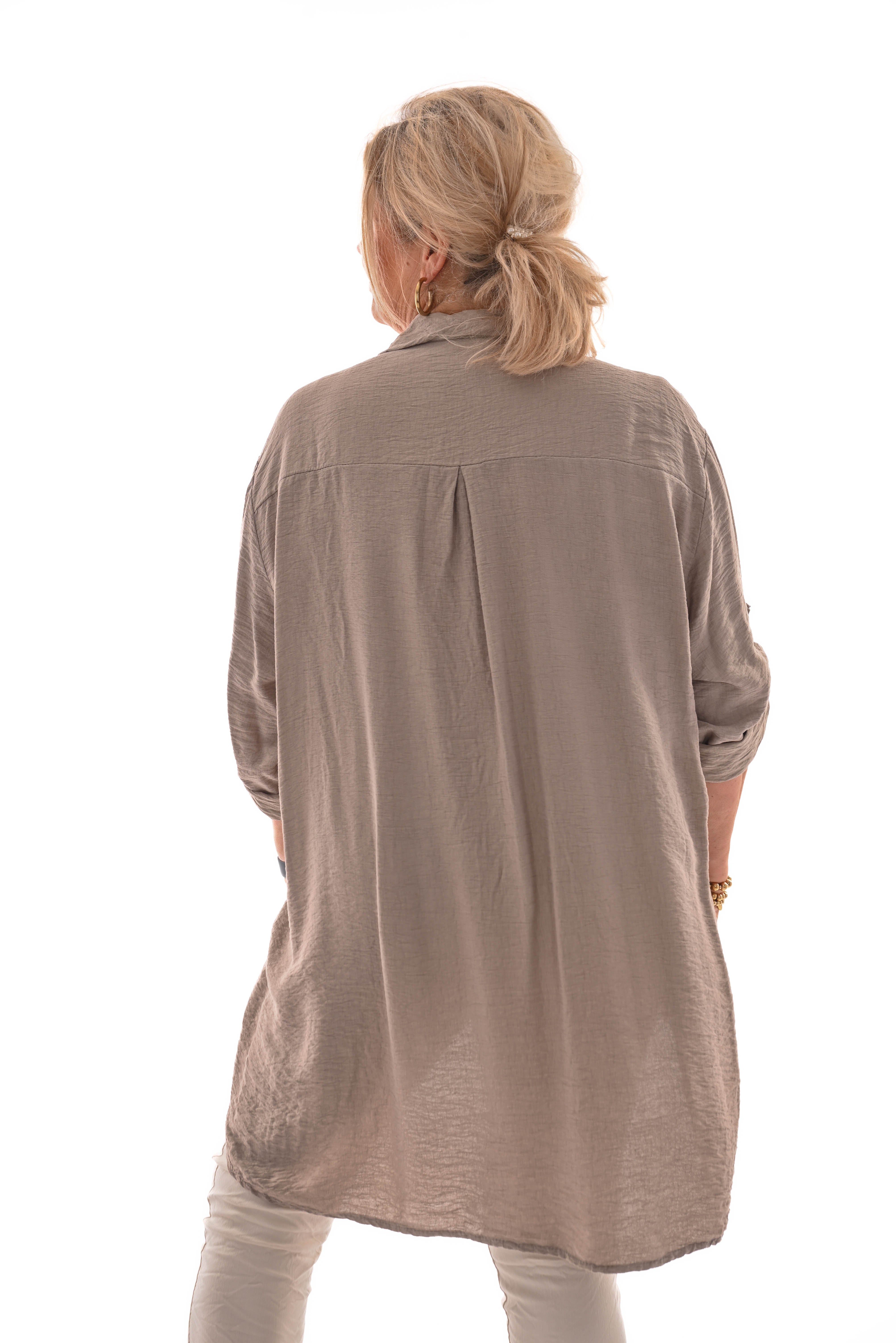 Doorknoop blouse crepe ophaalmouwen taupe
