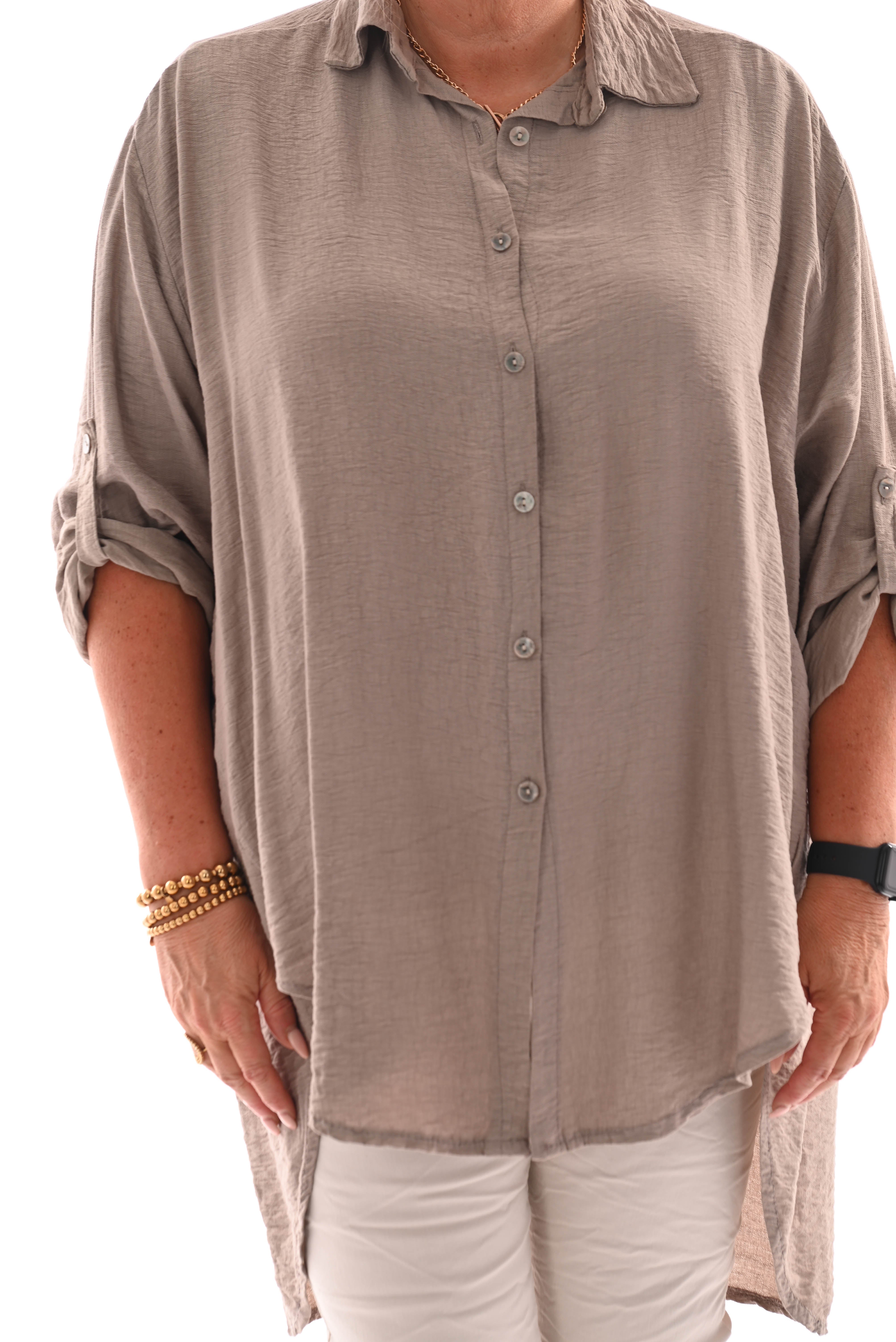 Doorknoop blouse crepe ophaalmouwen taupe
