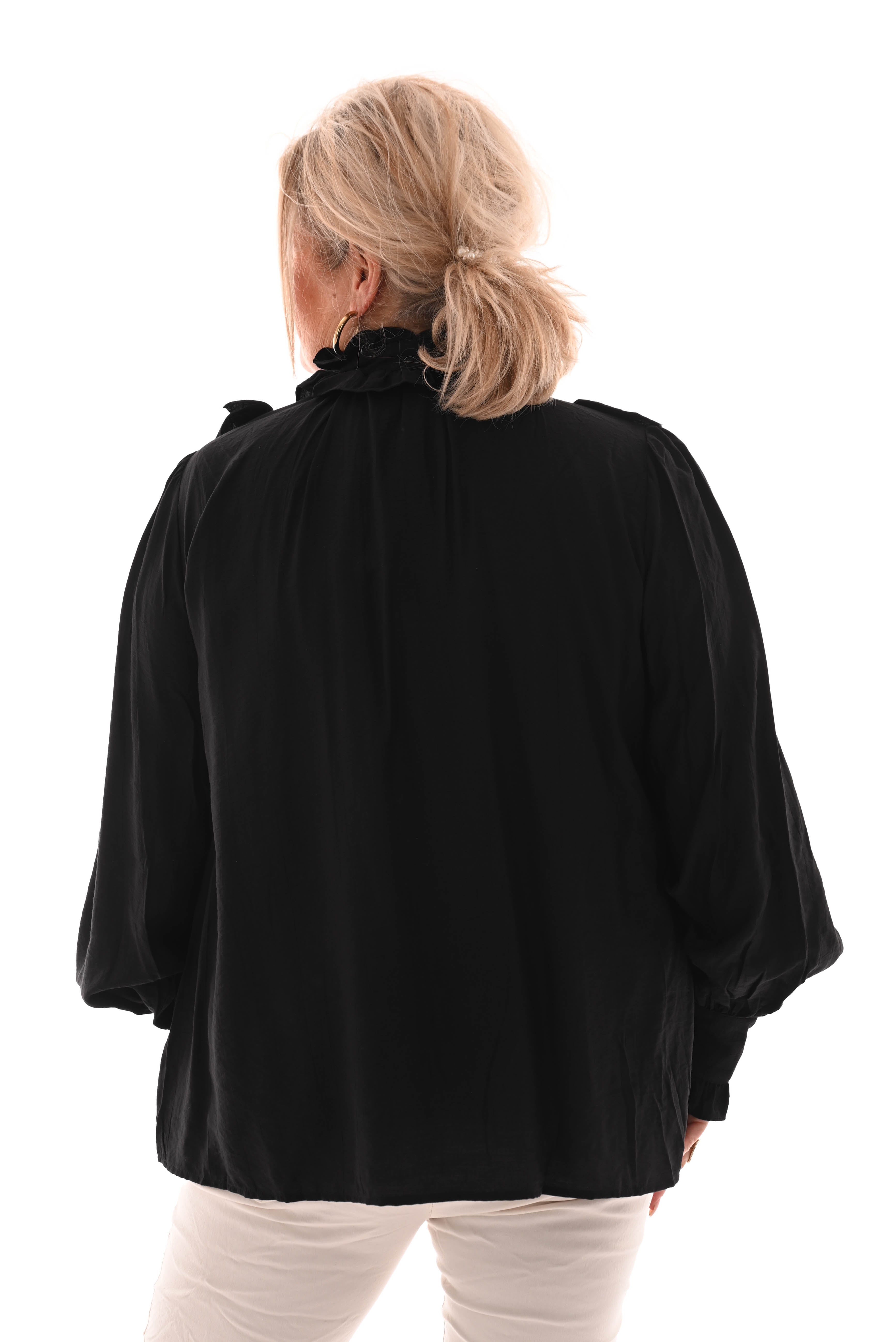Blouse met strik en roezels zwart