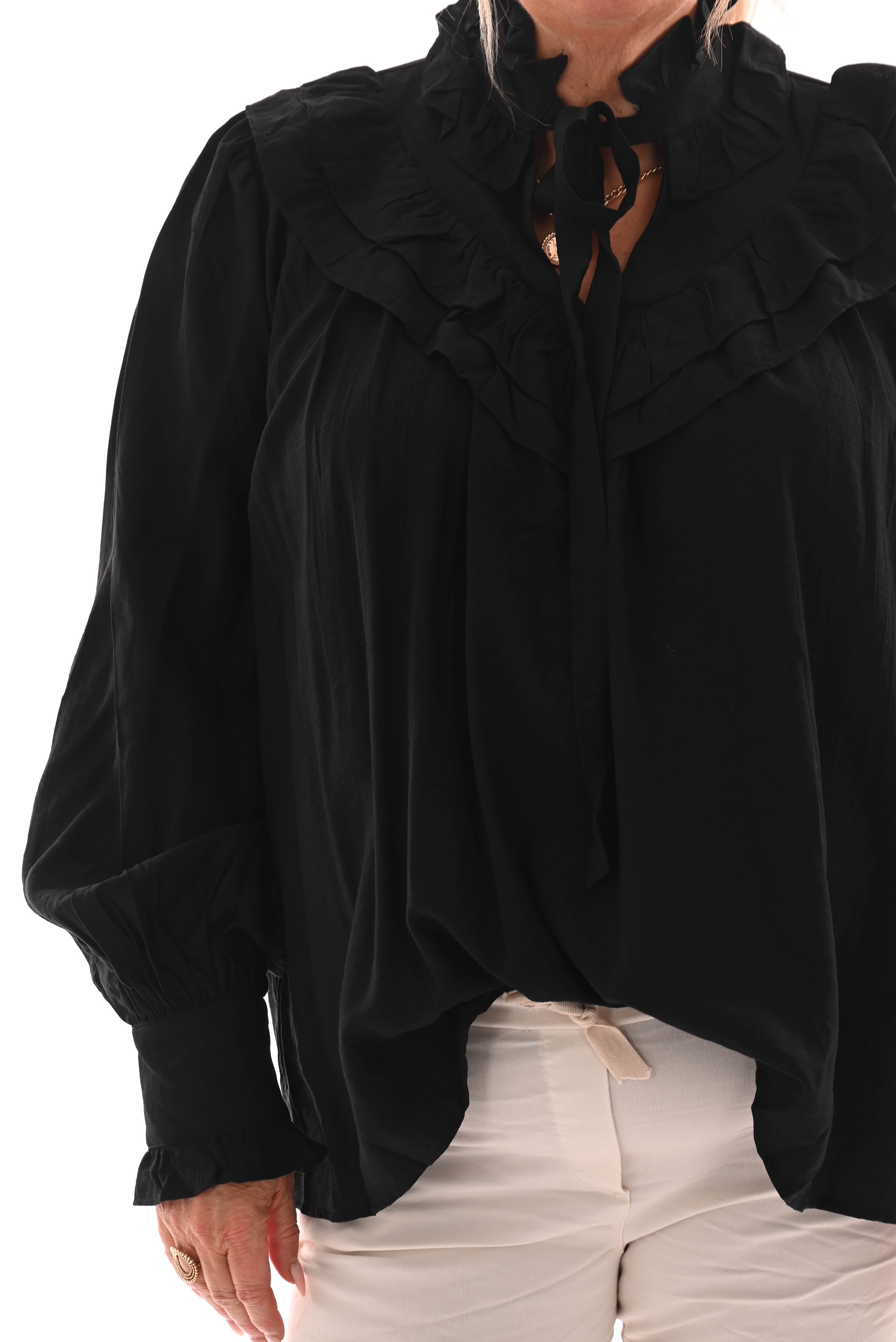 Blouse met strik en roezels zwart