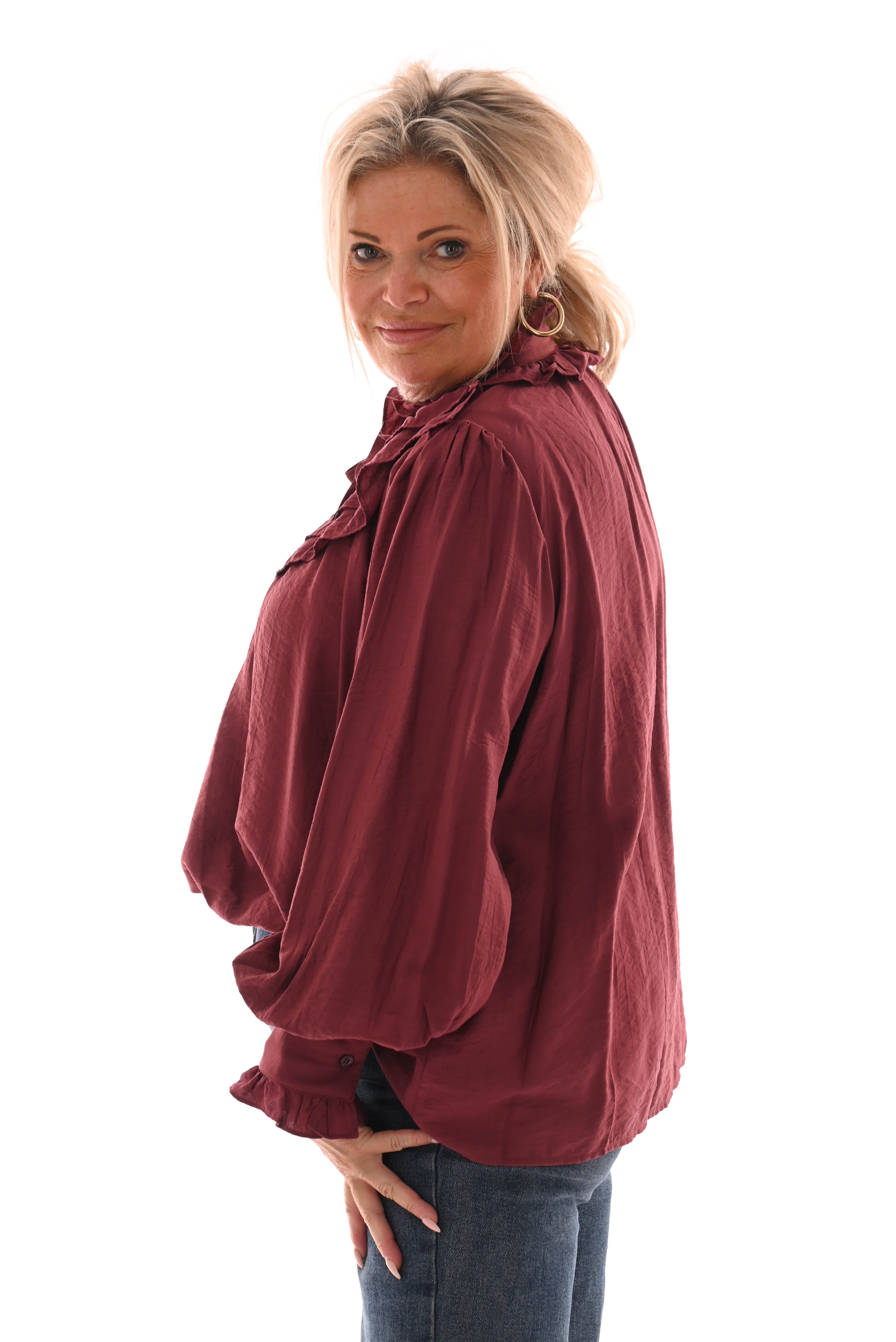 Blouse met strik en roezels bordeaux