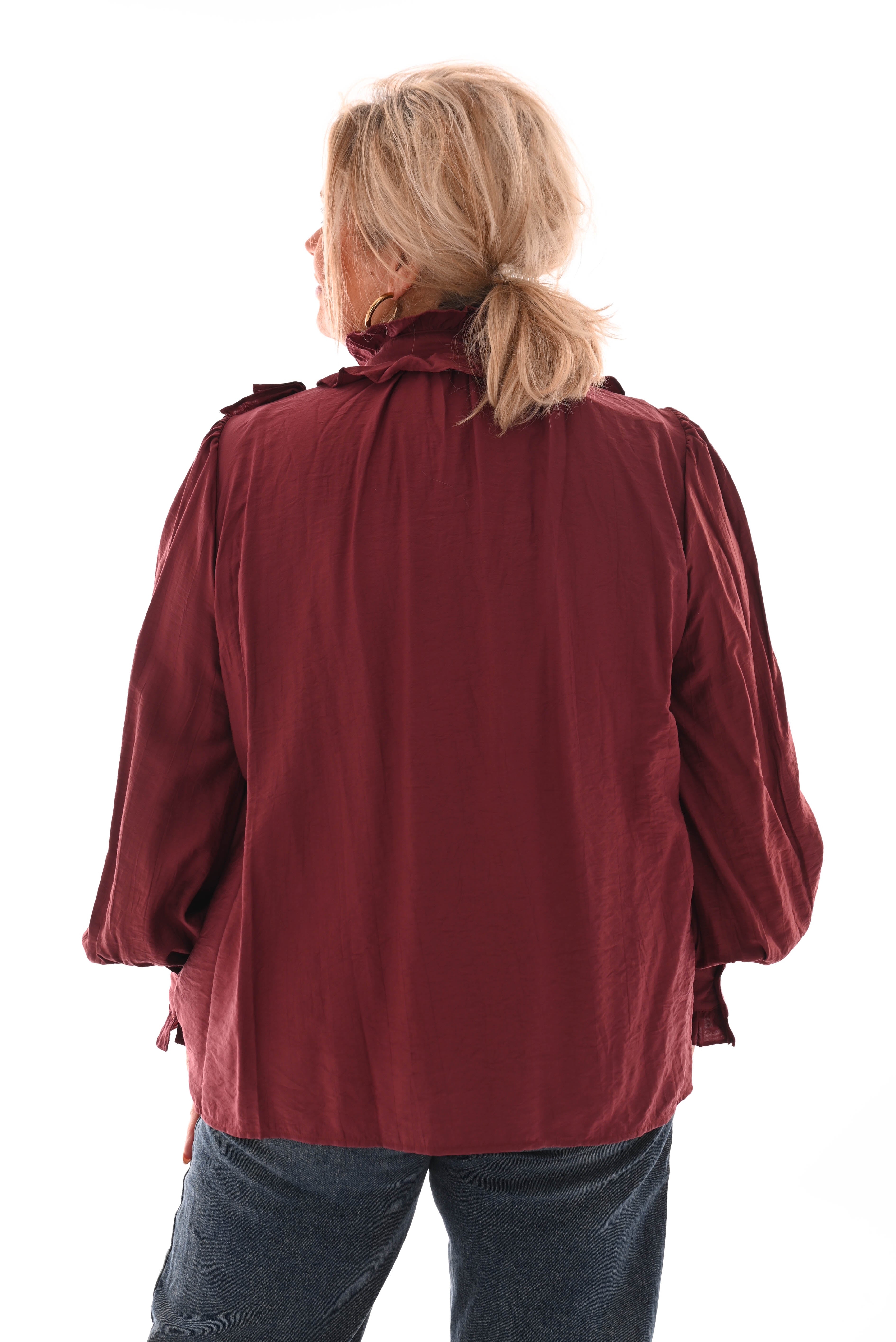 Blouse met strik en roezels bordeaux