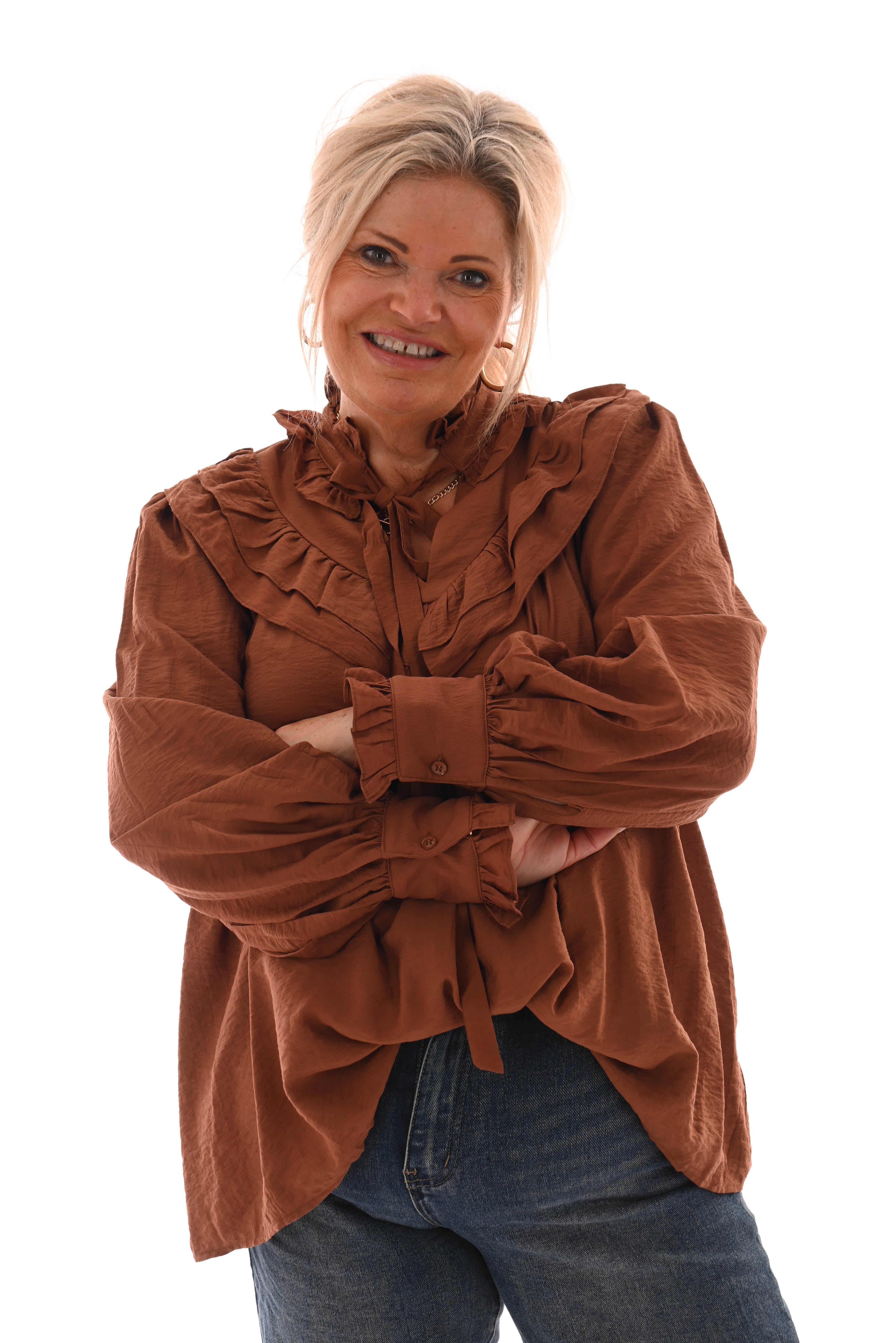 Blouse met strik en roezels bruin