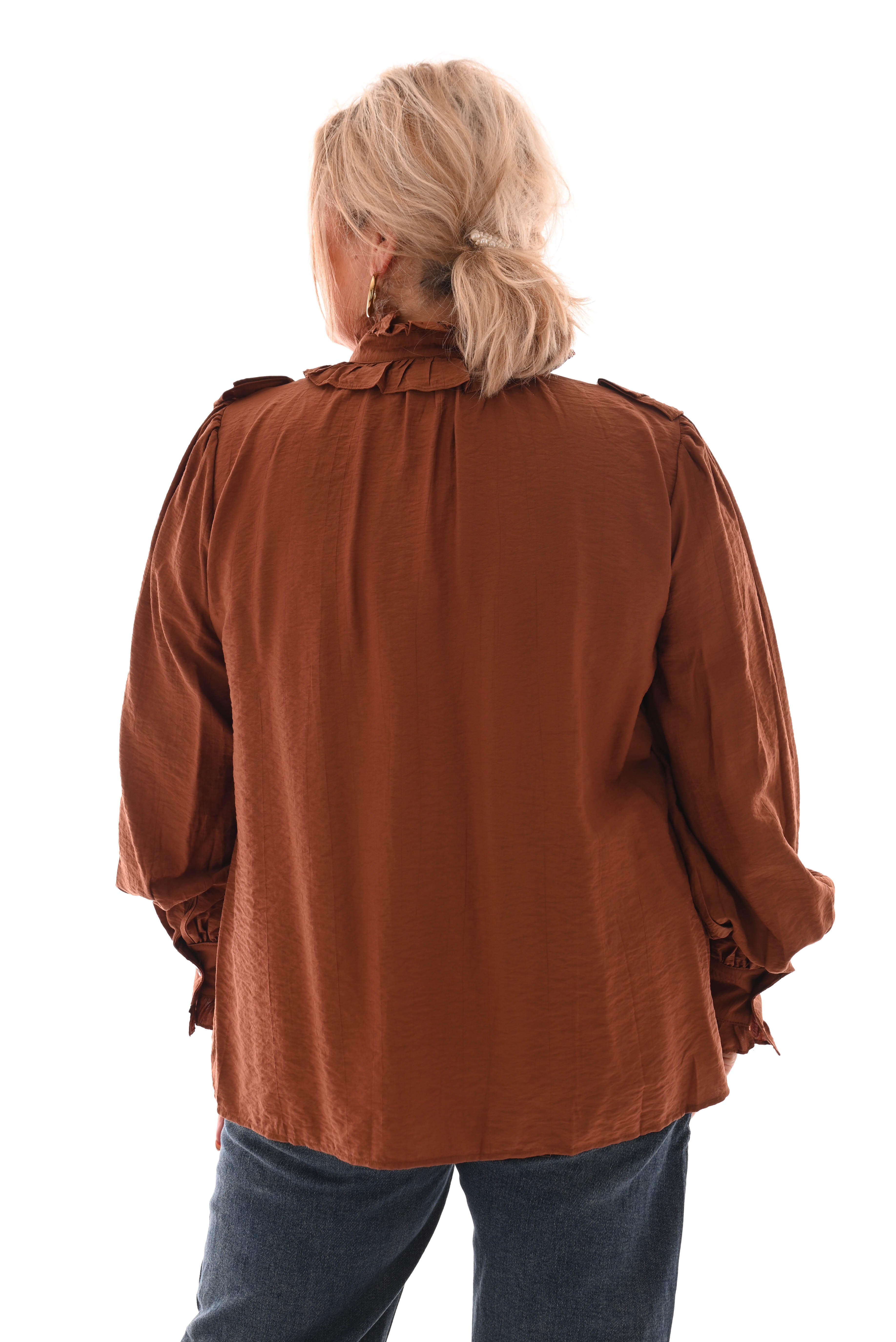 Blouse met strik en roezels bruin
