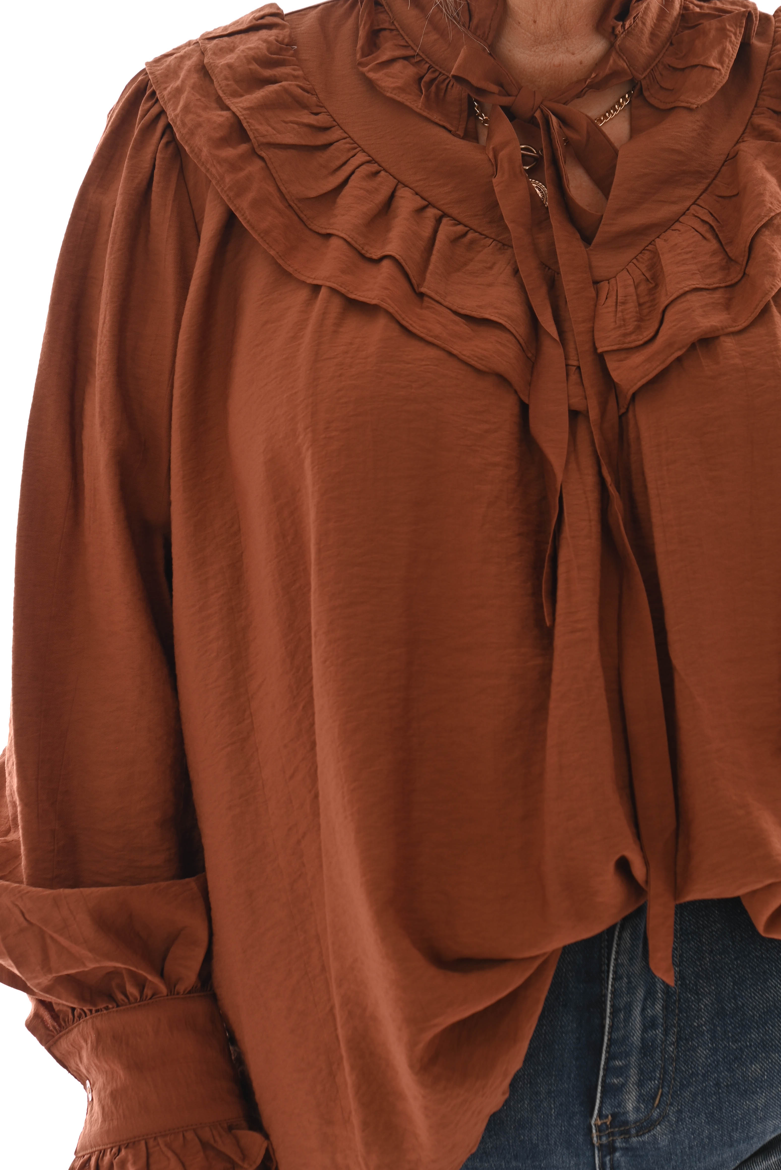 Blouse met strik en roezels bruin