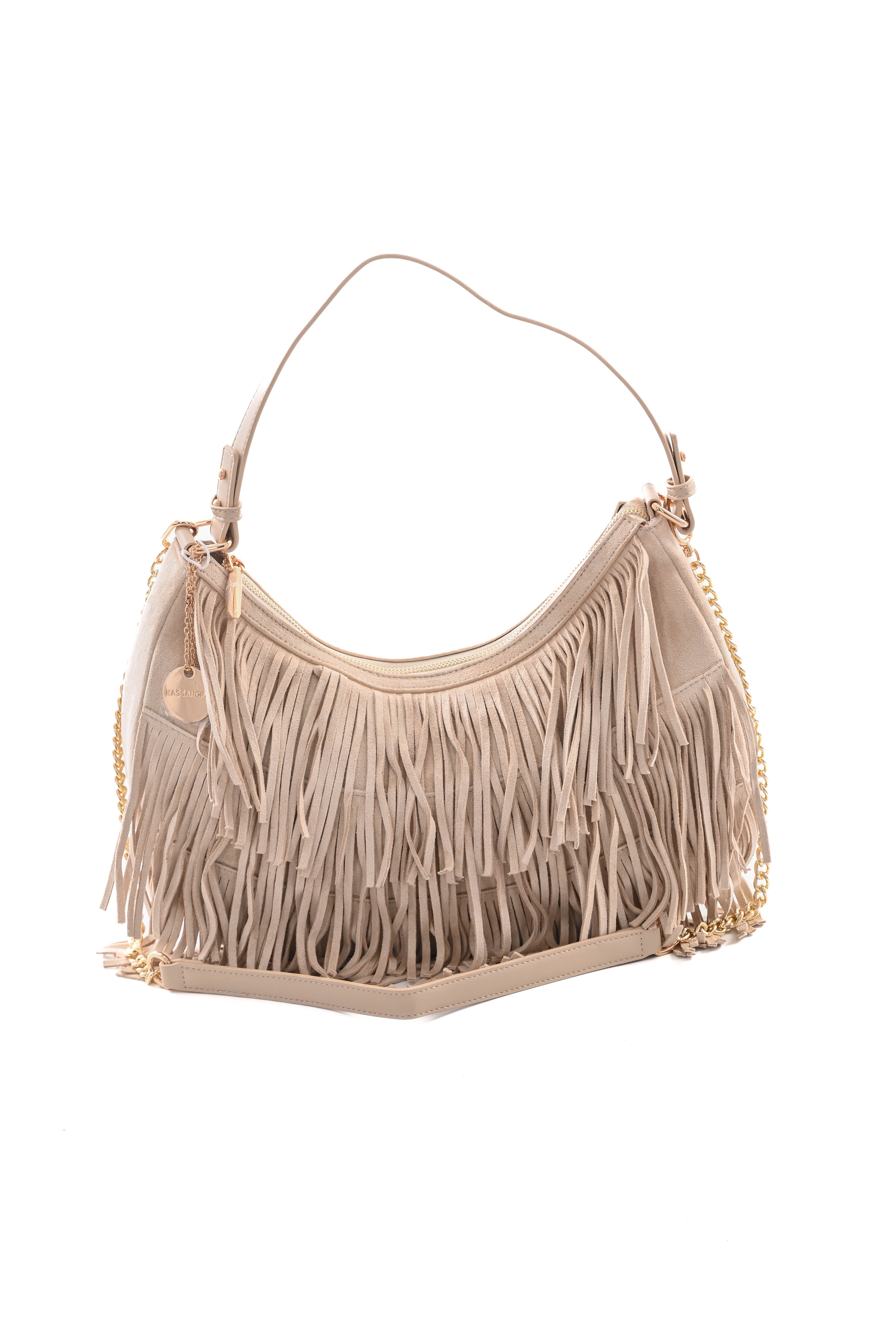 Tas suedinelook franjes rond beige