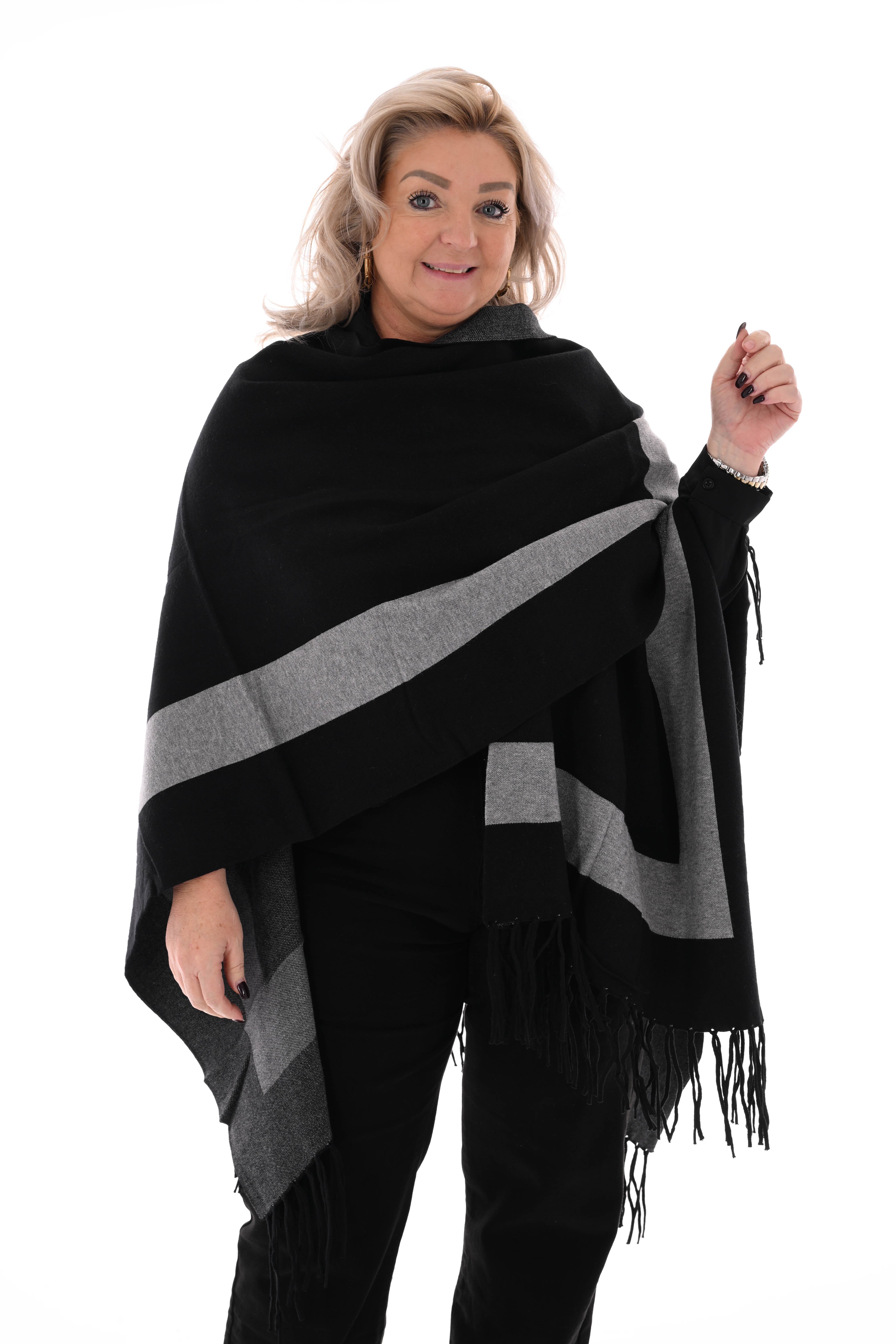 Omslagdoek streep en franjes zwart