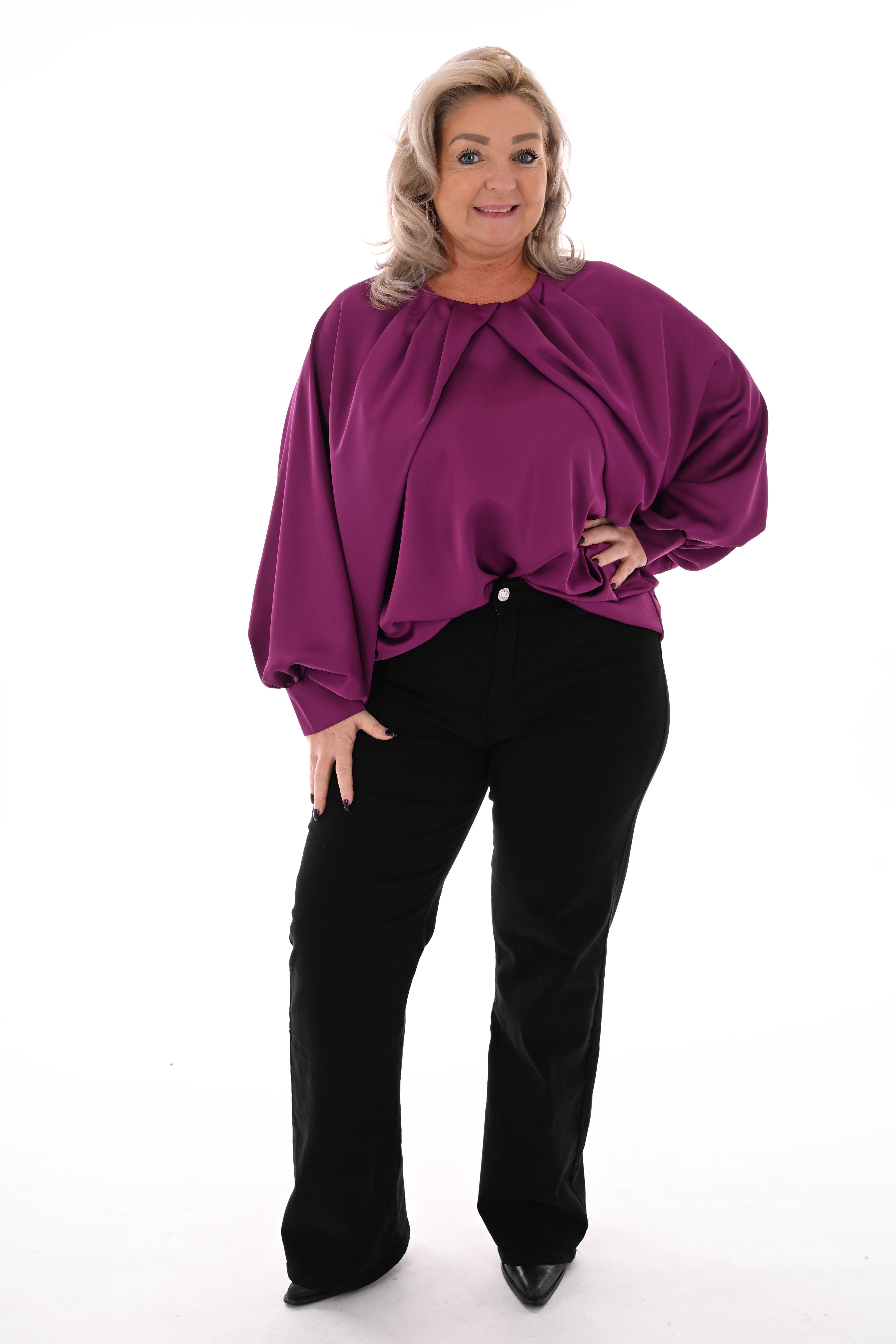 Silky blouse met pofmouwen cyclaam
