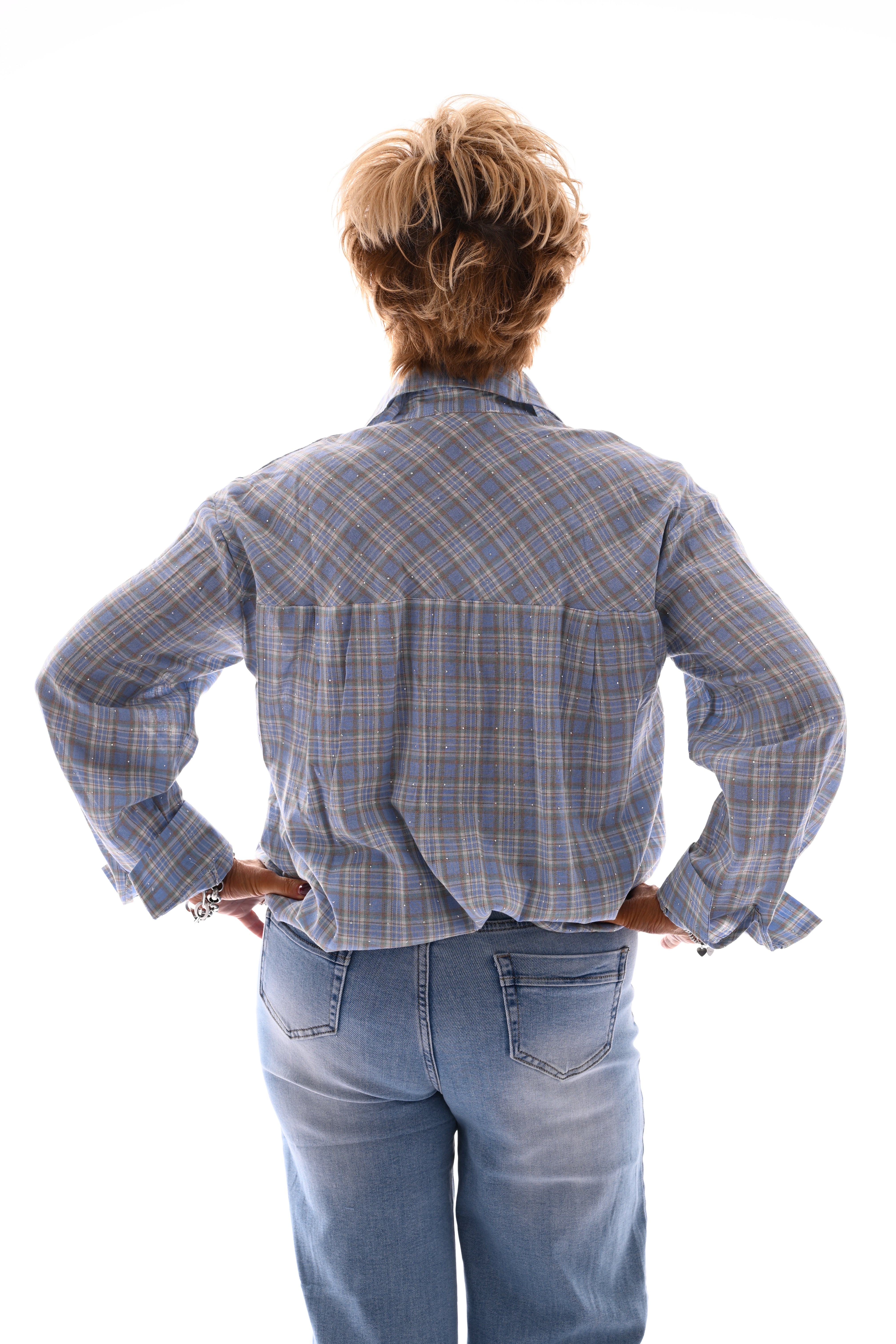 Doorknoop blouse strass houthakkers lichtblauw