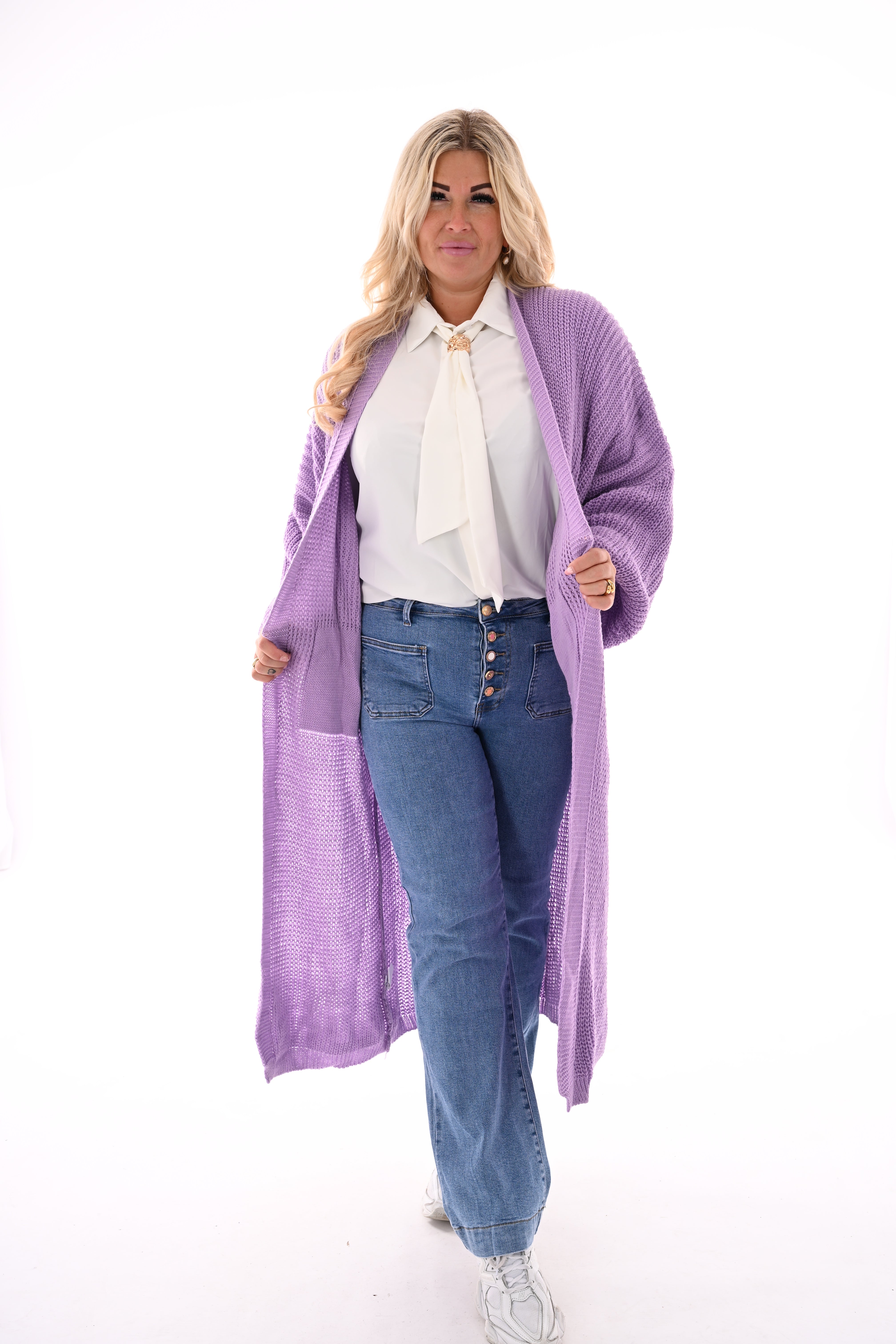 Lang gebreid vest met zakken lila