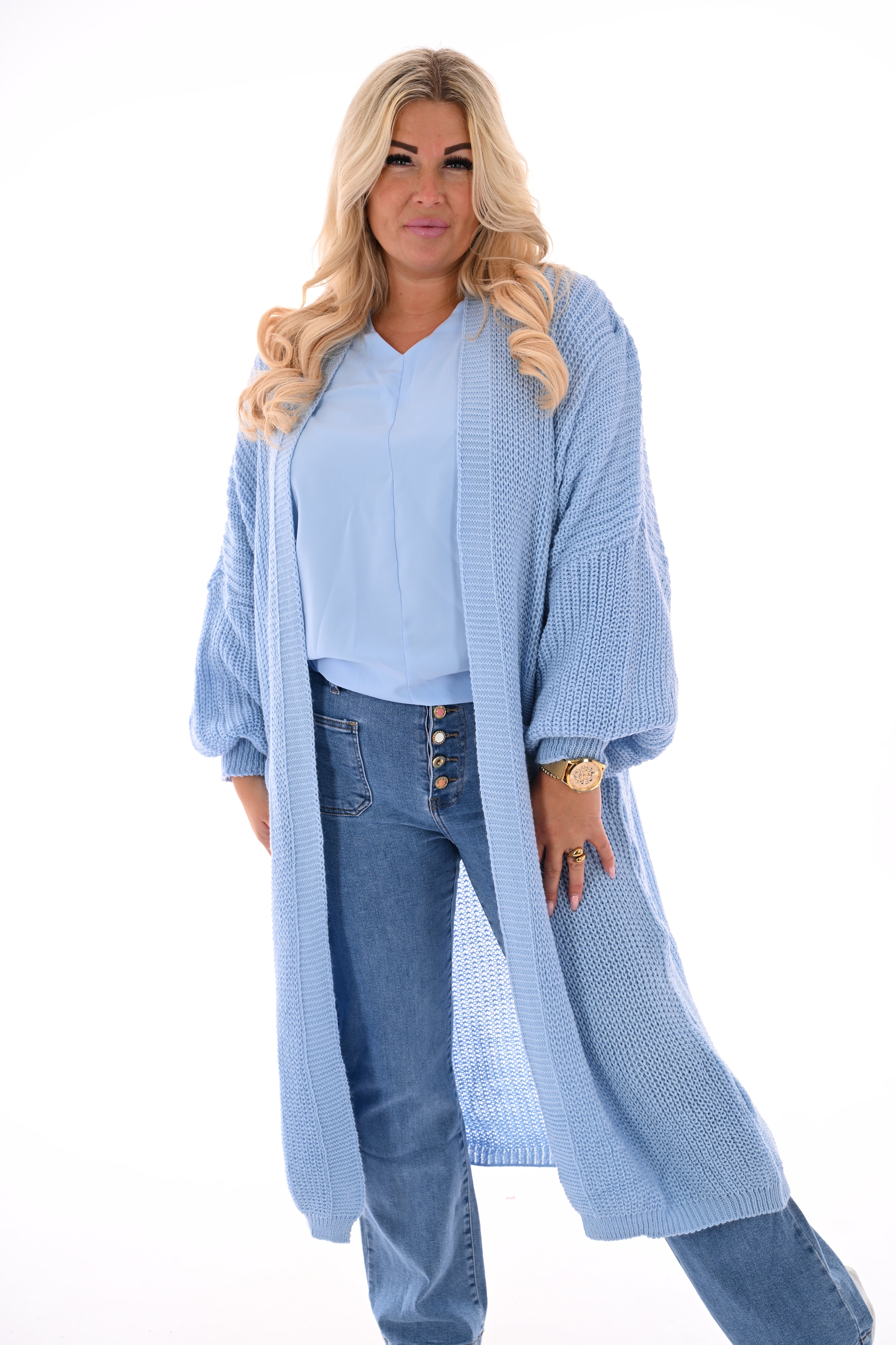 Lang gebreid vest met zakken lichtblauw