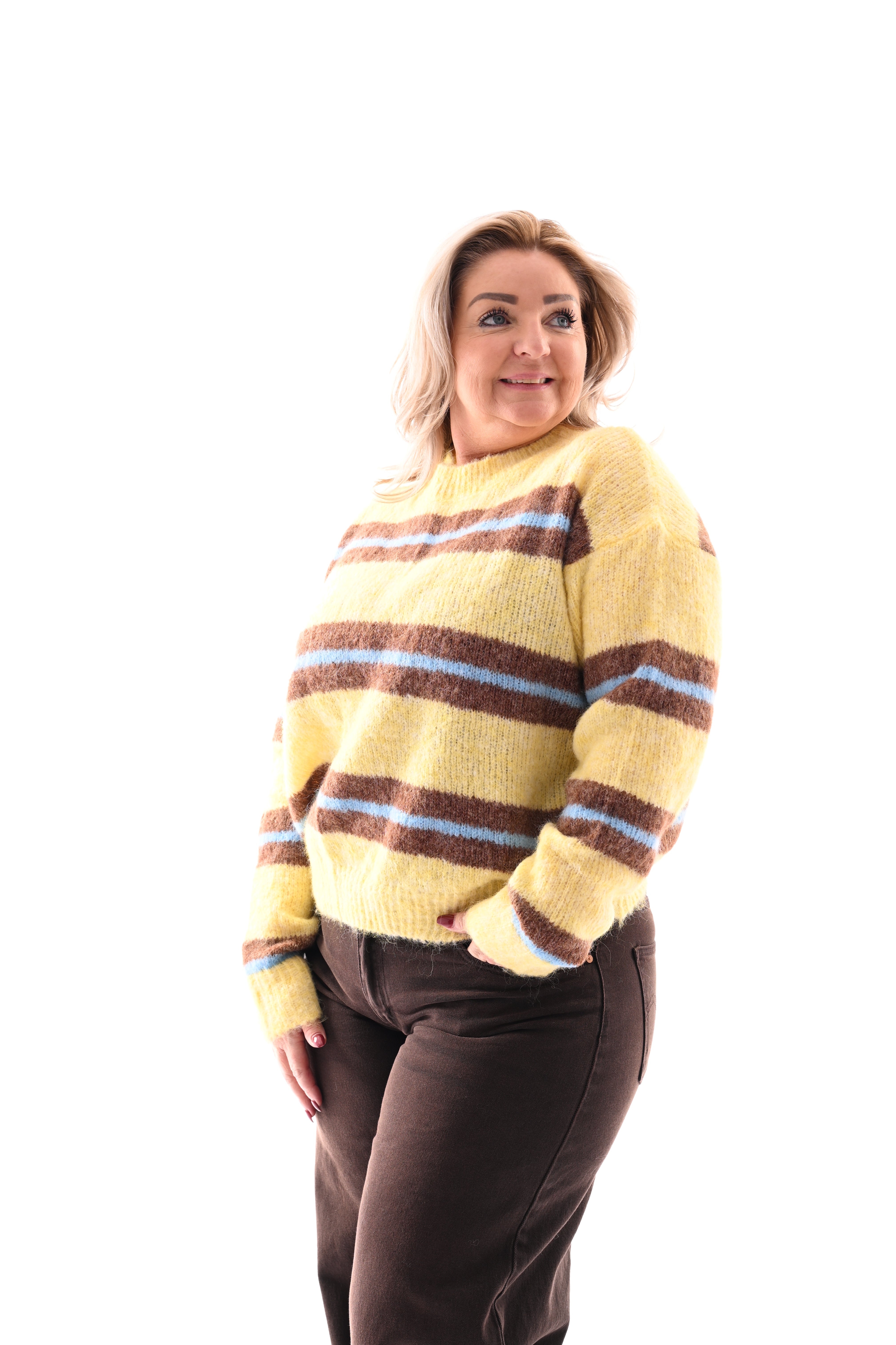 Fijn gebreide trui dubbele streep geel