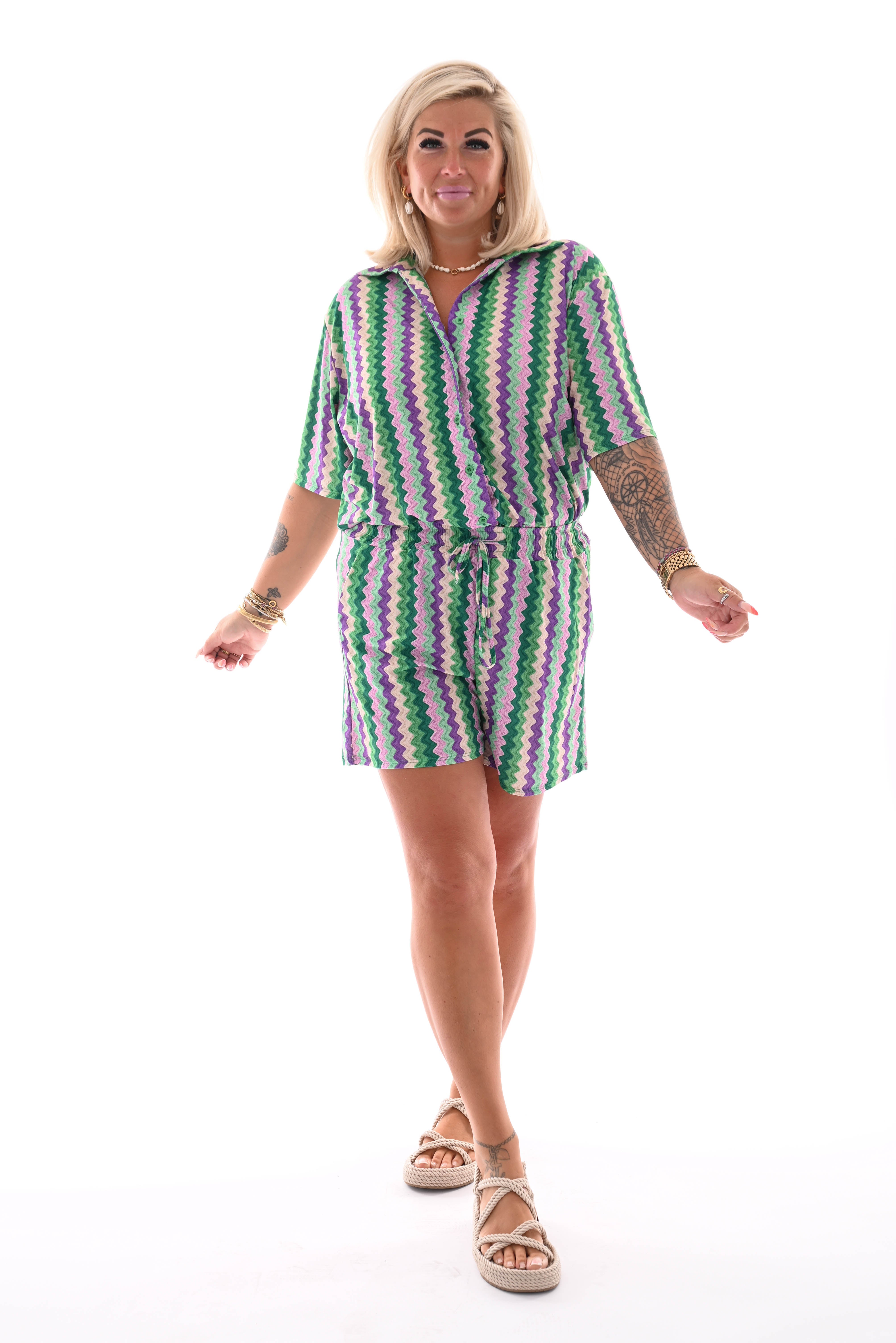 Twinset short zigzag patroon lila/groen