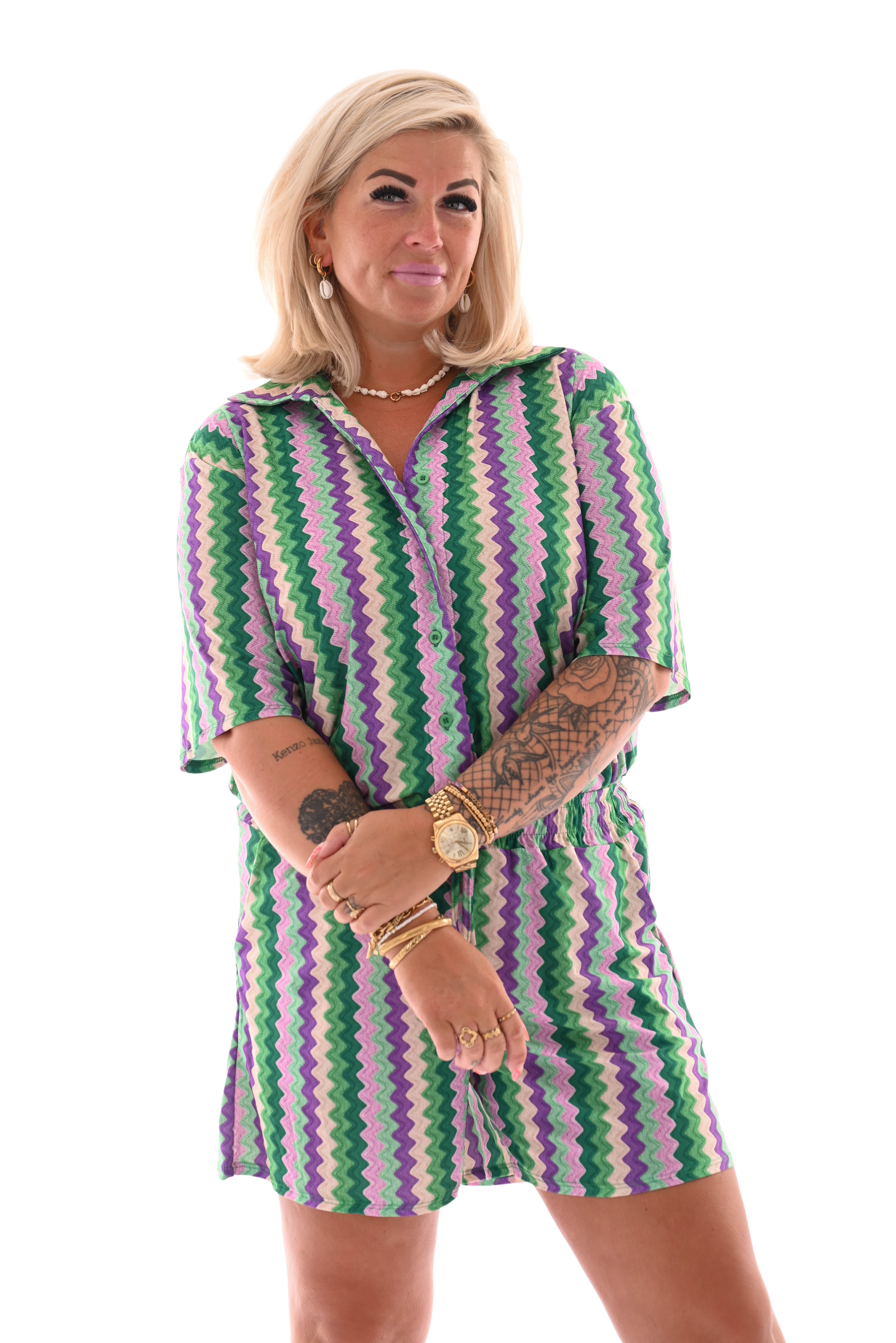 Twinset short zigzag patroon lila/groen