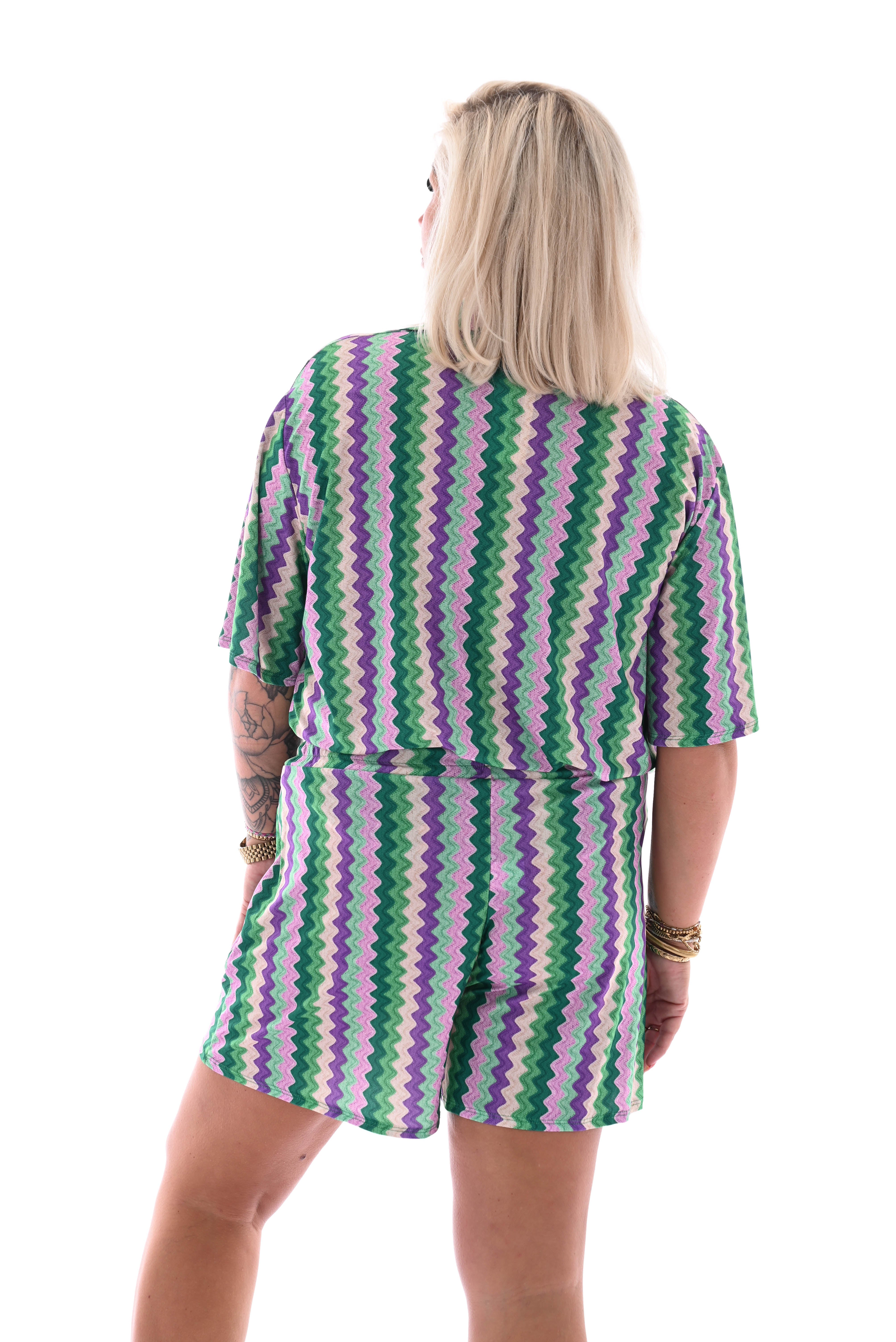Twinset short zigzag patroon lila/groen