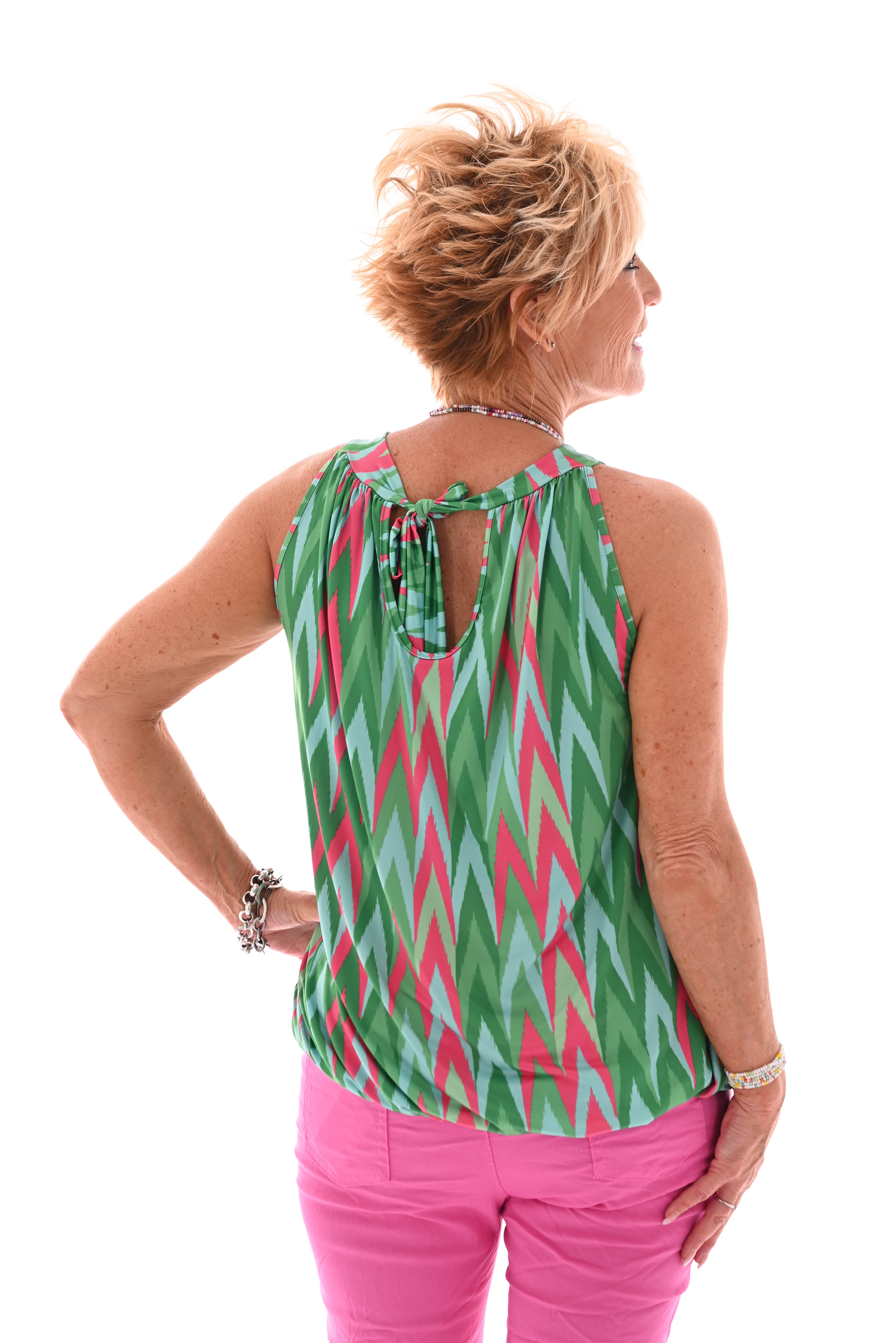 Halter top print zigzag groen/fuchsia
