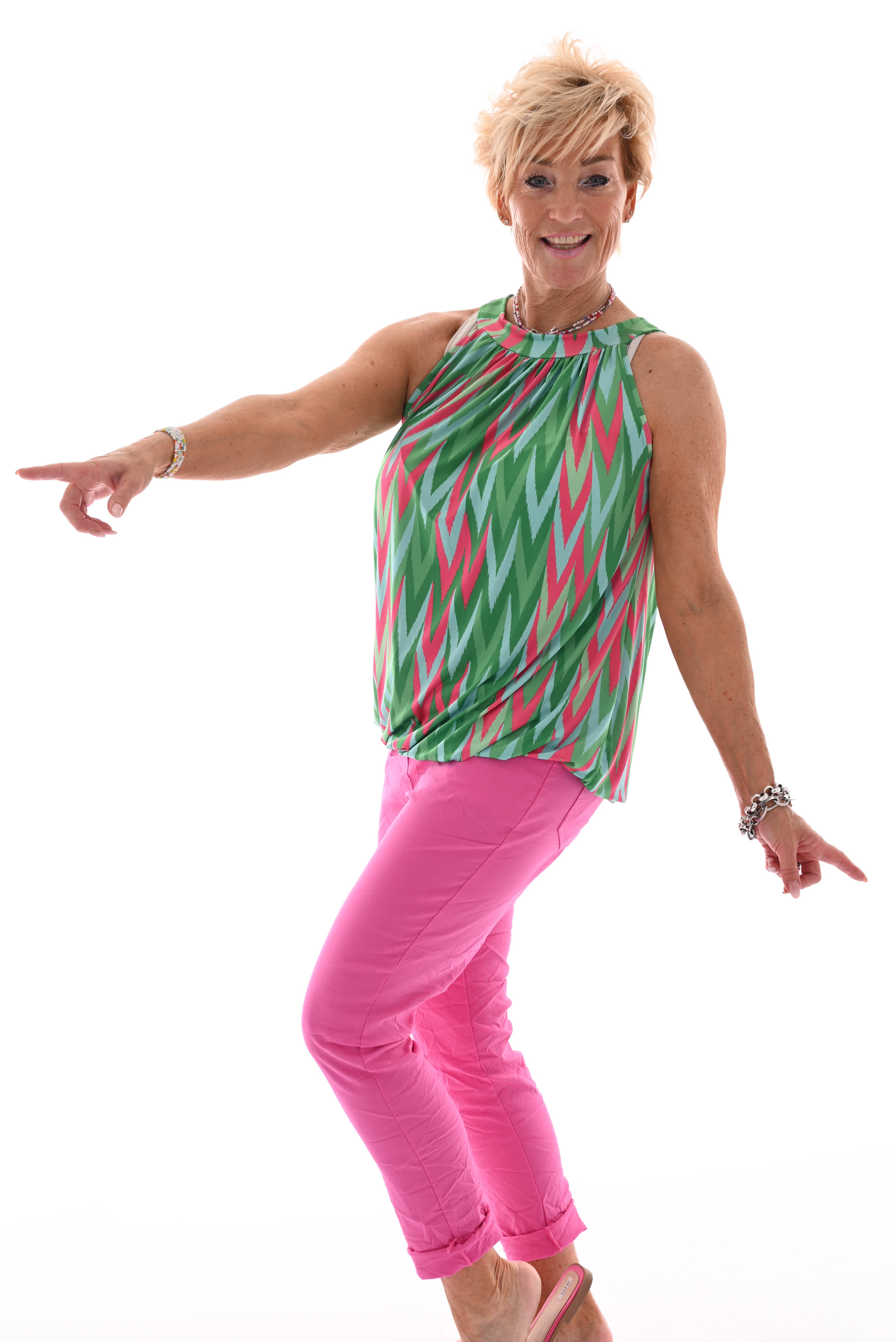 Halter top print zigzag groen/fuchsia