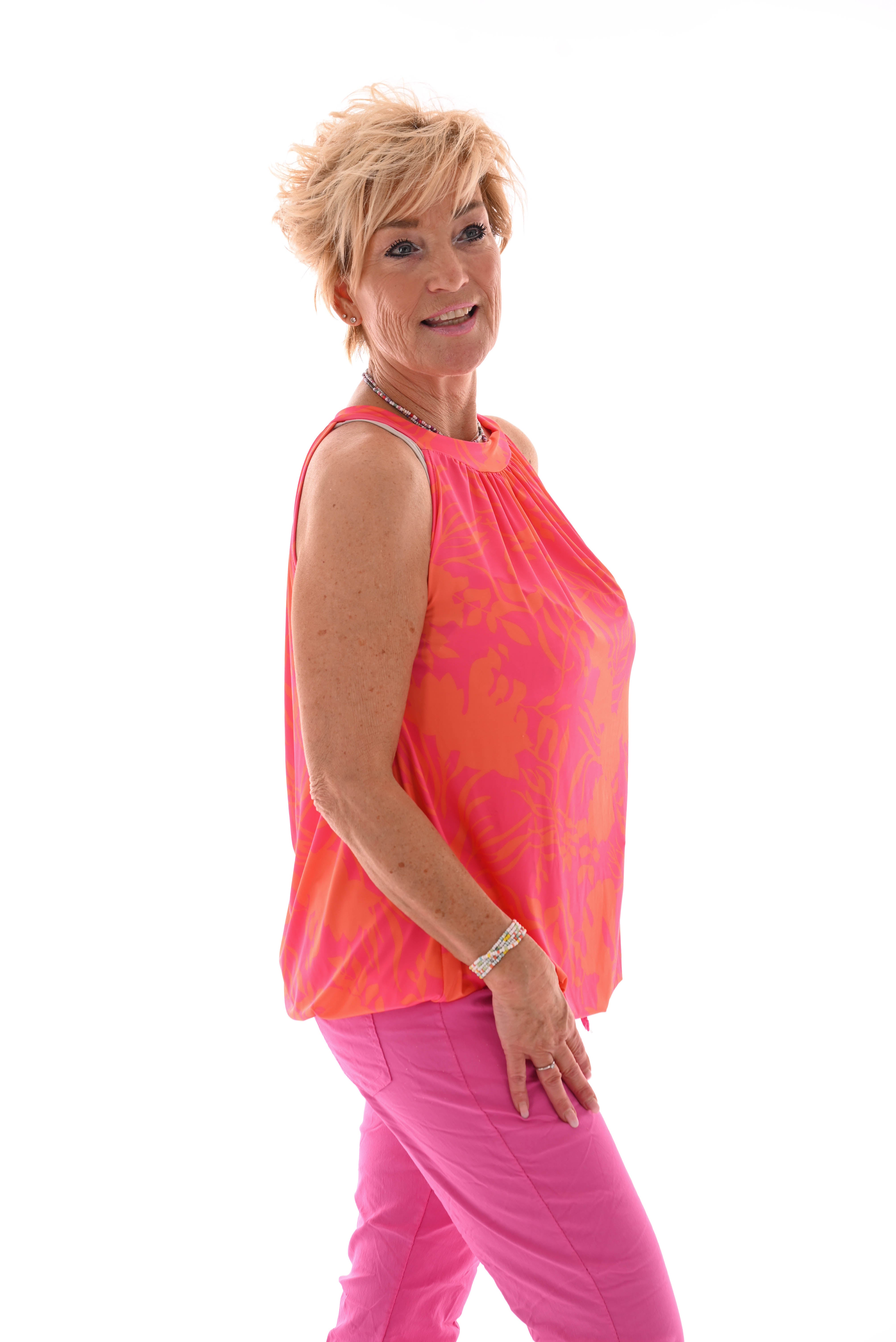 Halter top print bladeren roze/oranje