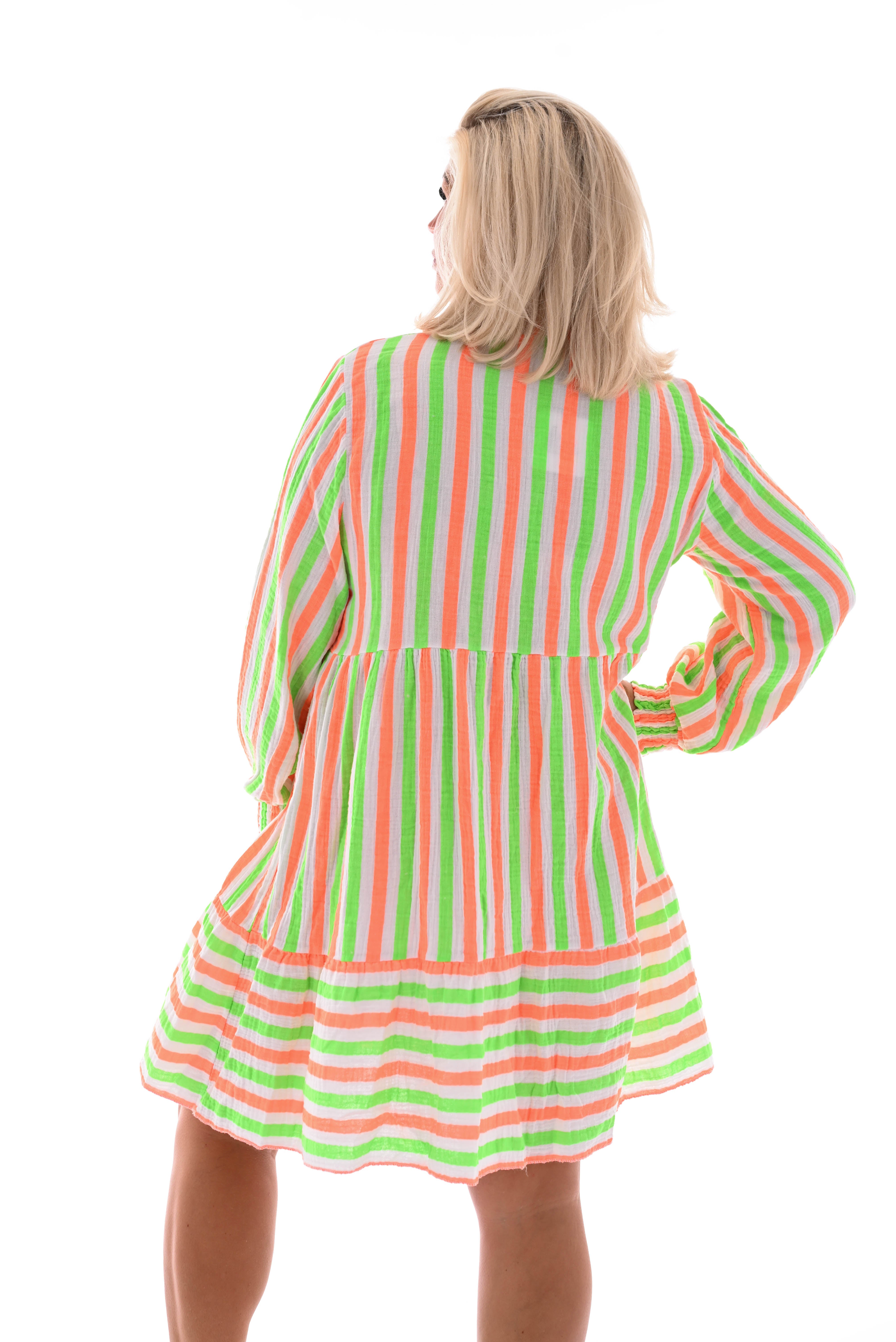 Kort jurkje wafel gestreept felgroen/feloranje