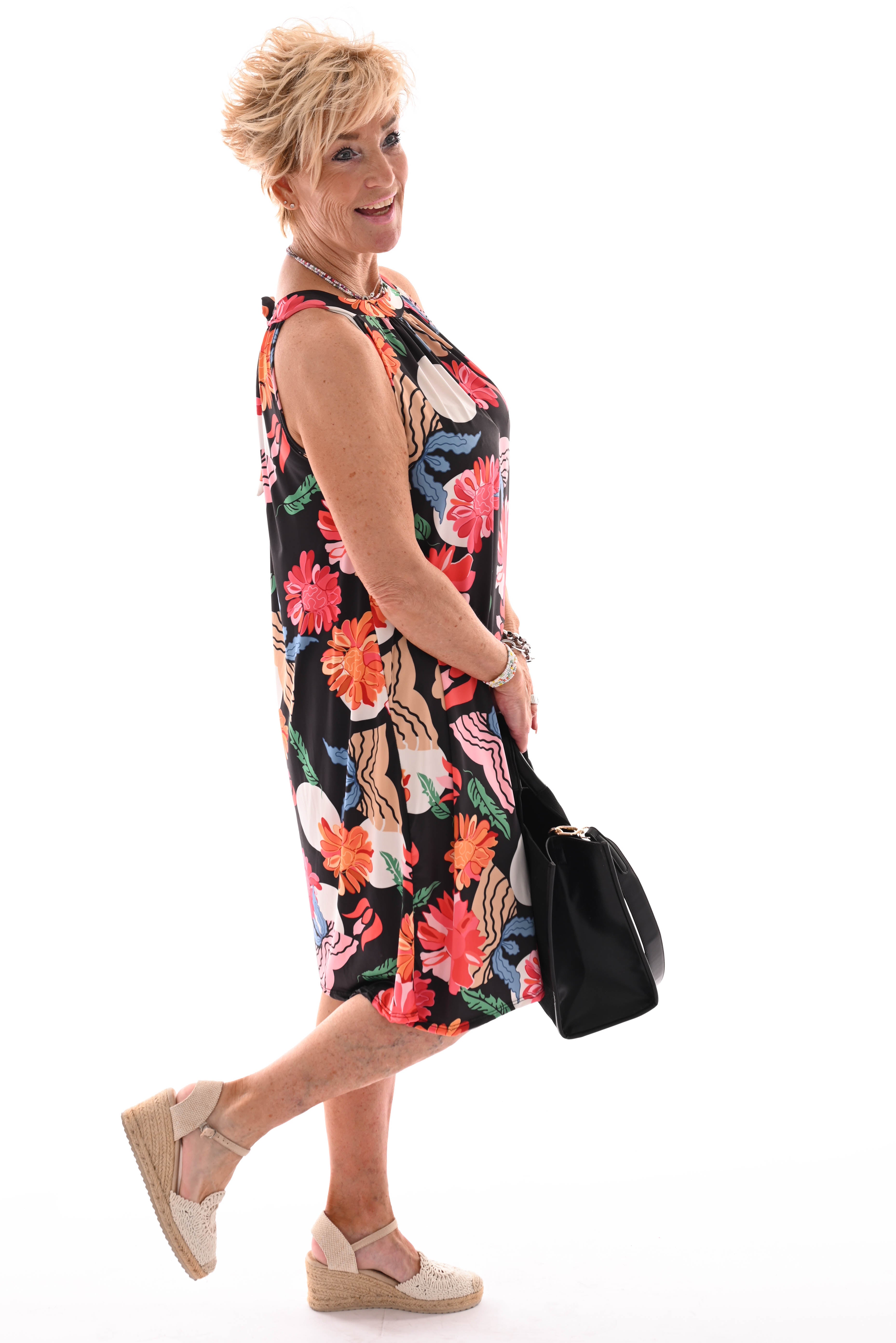 Halter jurk print bloemen zwart