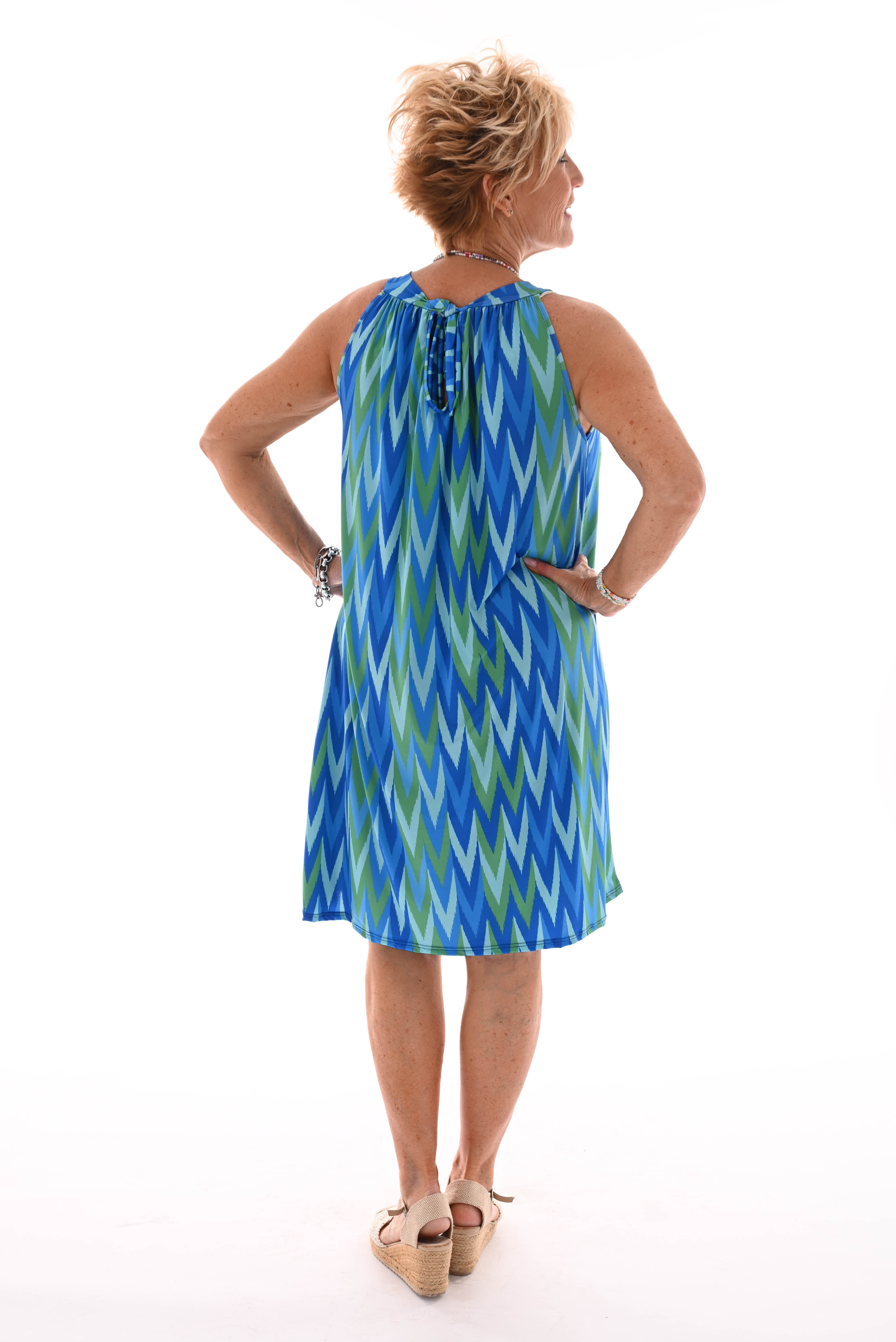 Halter jurk print zigzag kobaltblauw/groen