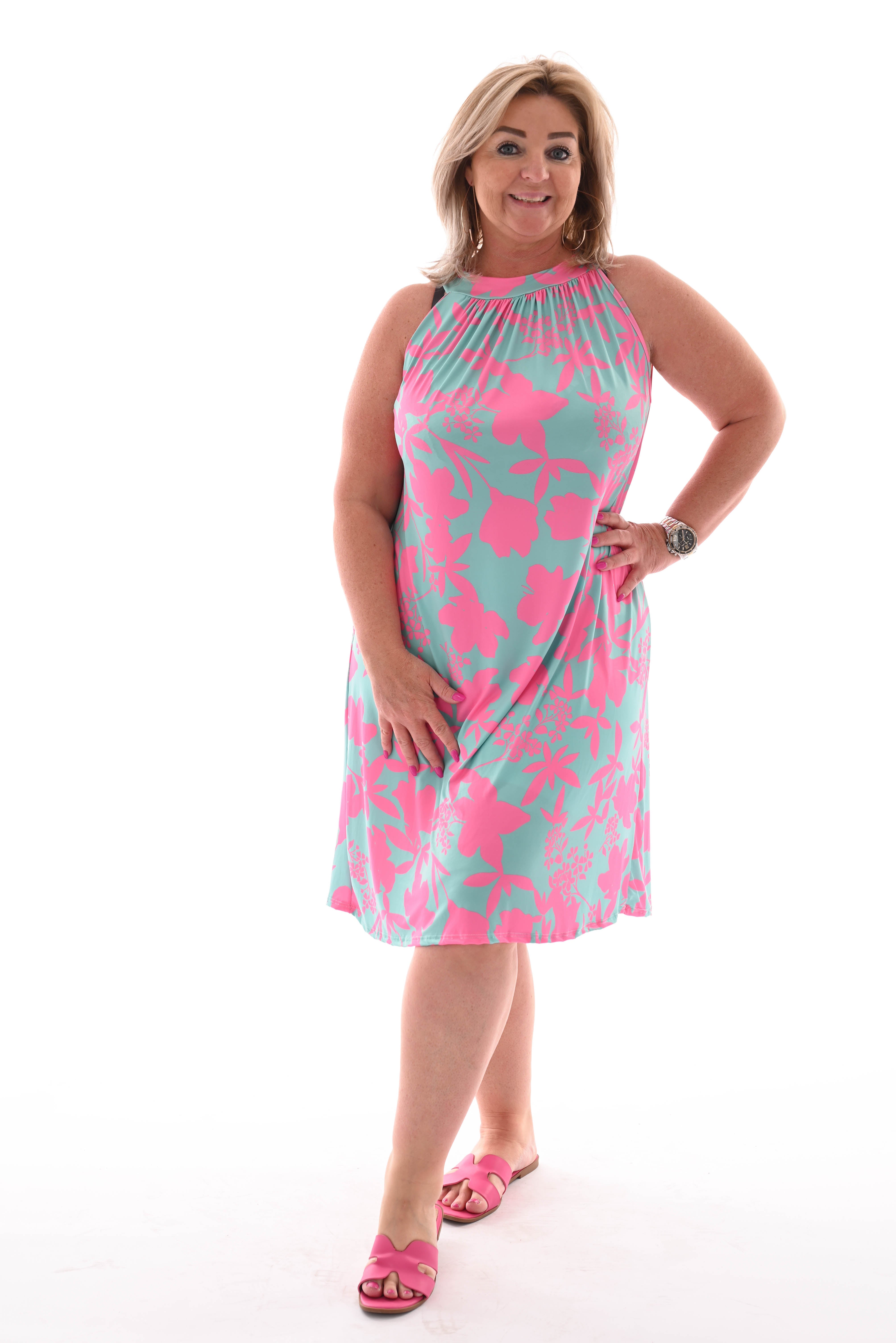 Halter jurk print bladeren turquoise/roze