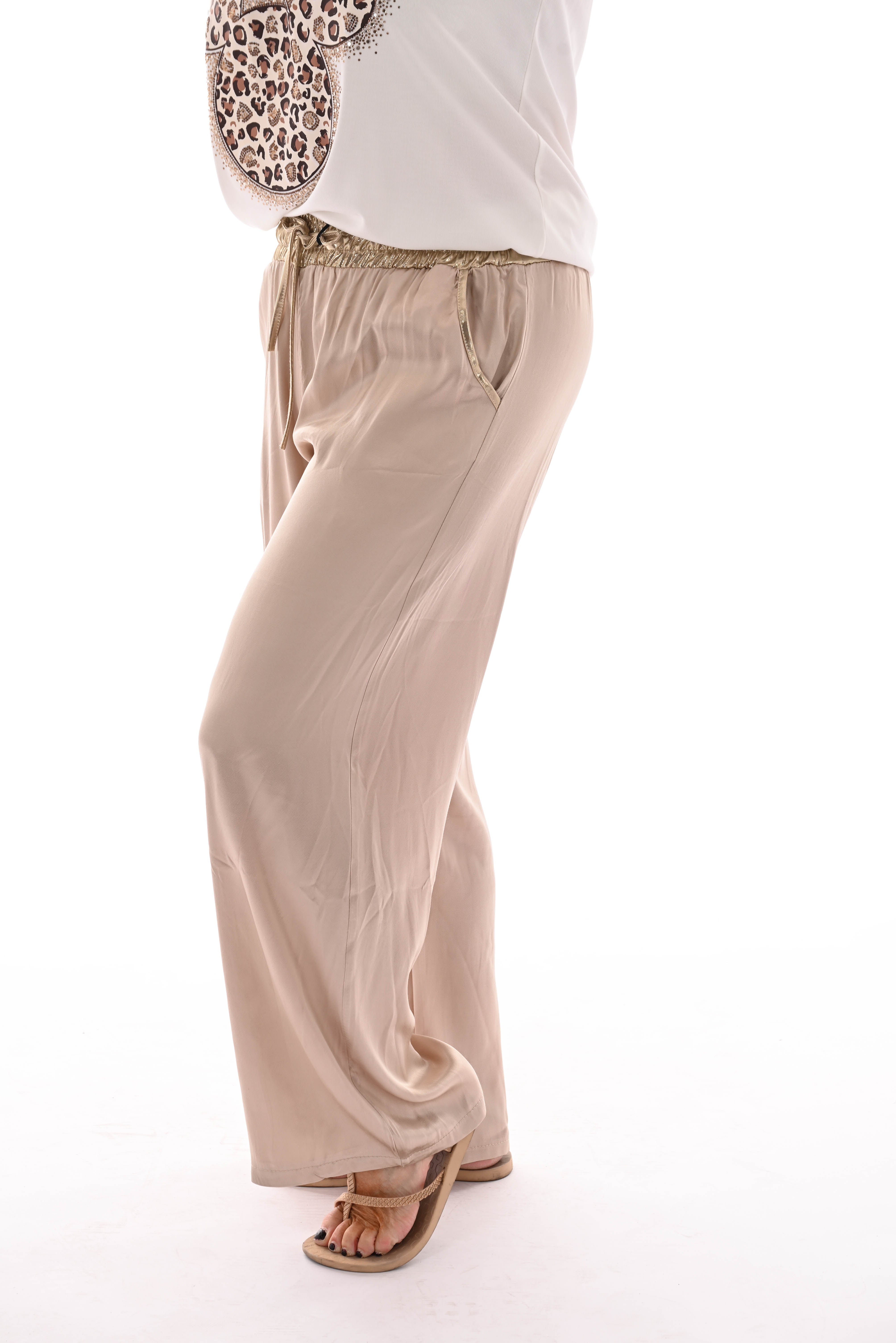 Silky wijde broek gouden broekband beige