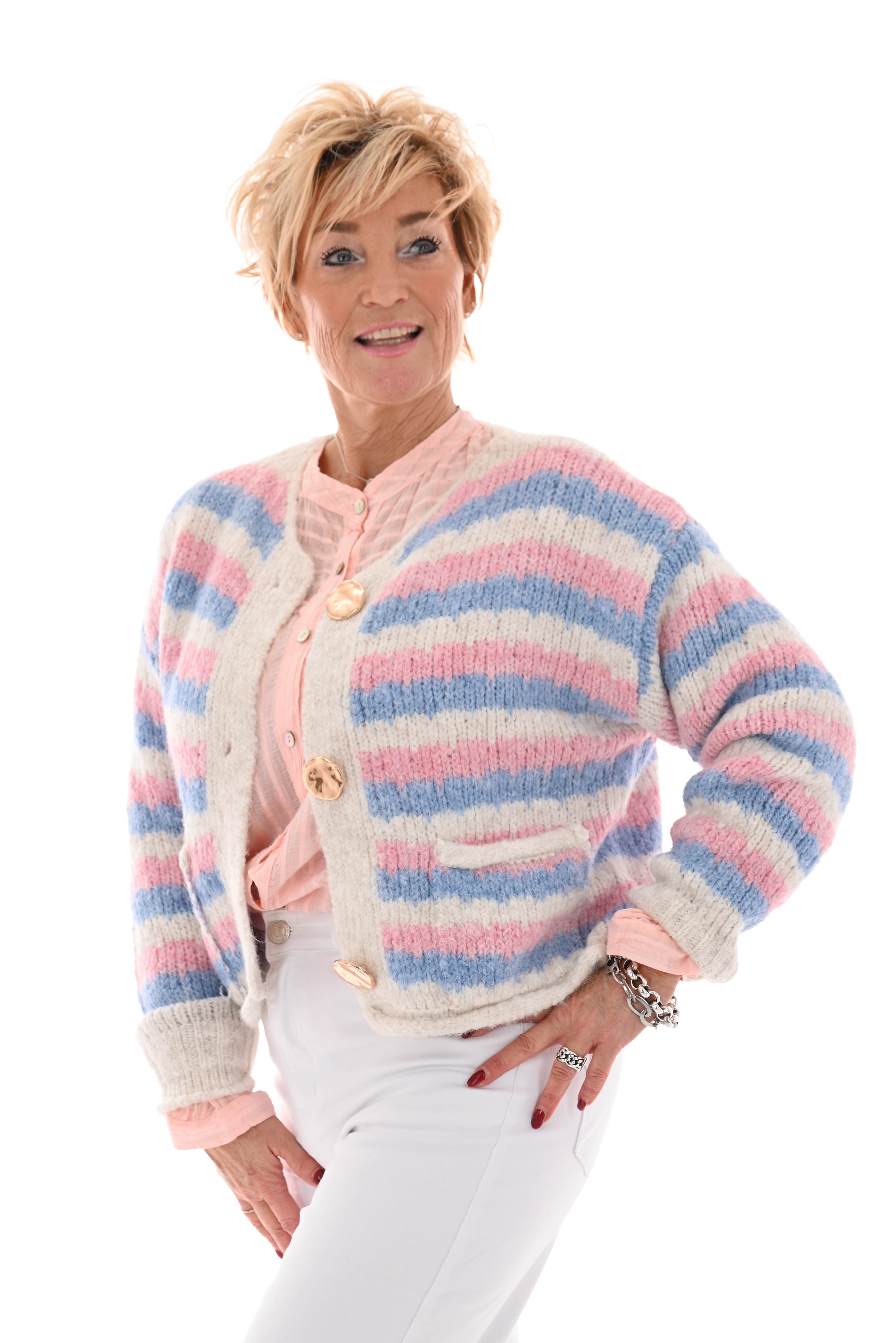 Gebreid vest strepen met knopen roze/blauw/wit
