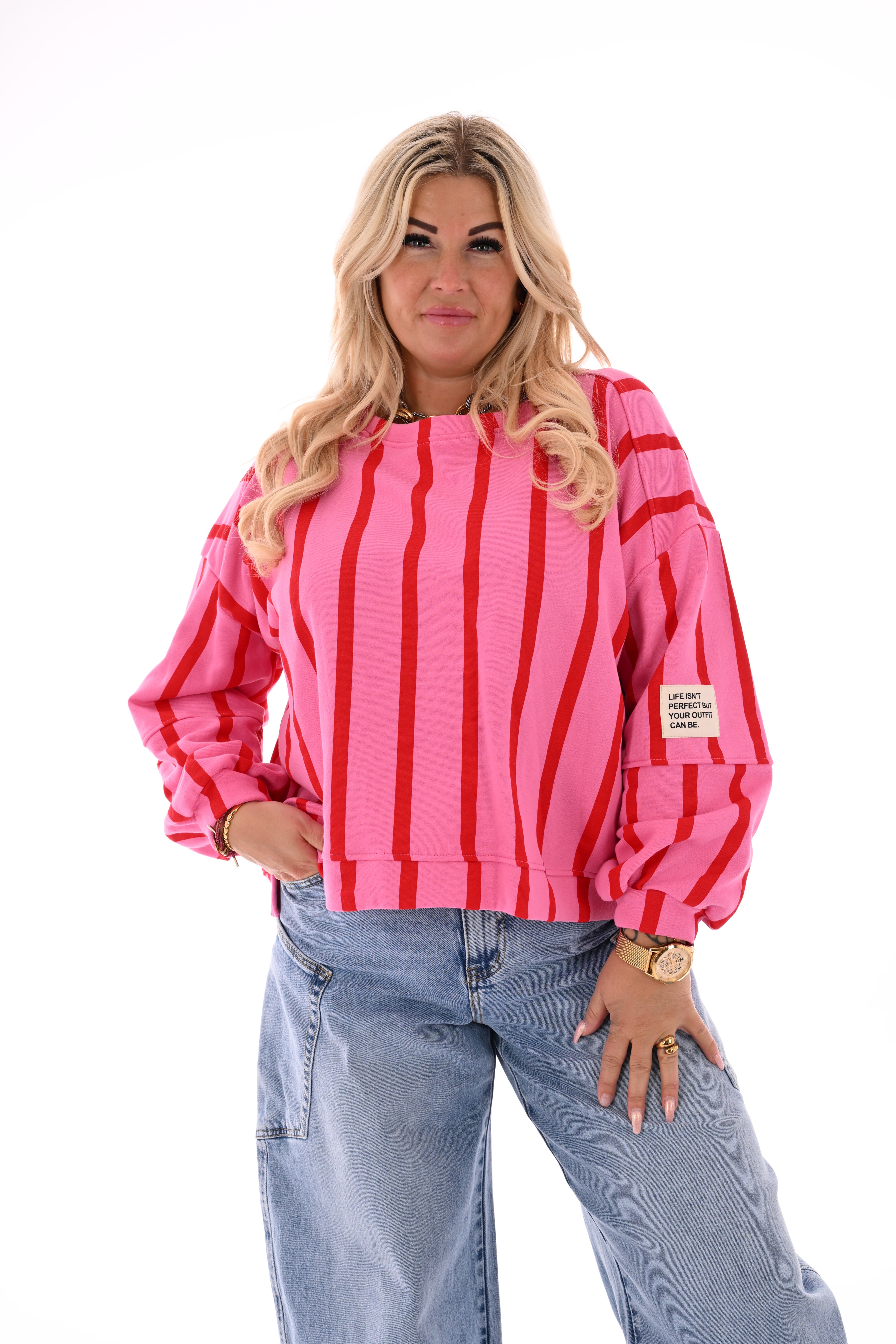Sweater applicatie en strepen roze/rood