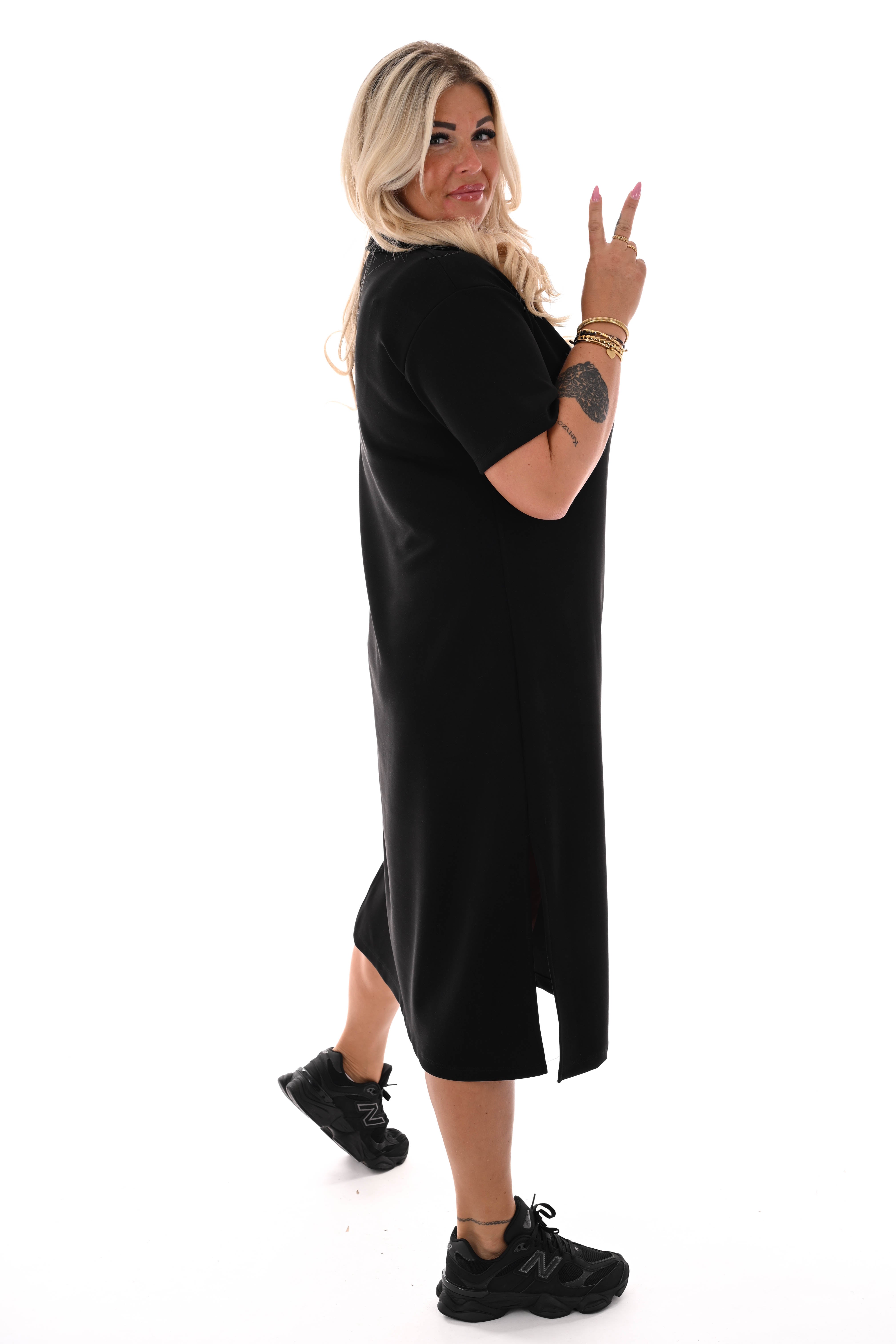 Sweaterdress korte mouwen v-hals met kraag zwart
