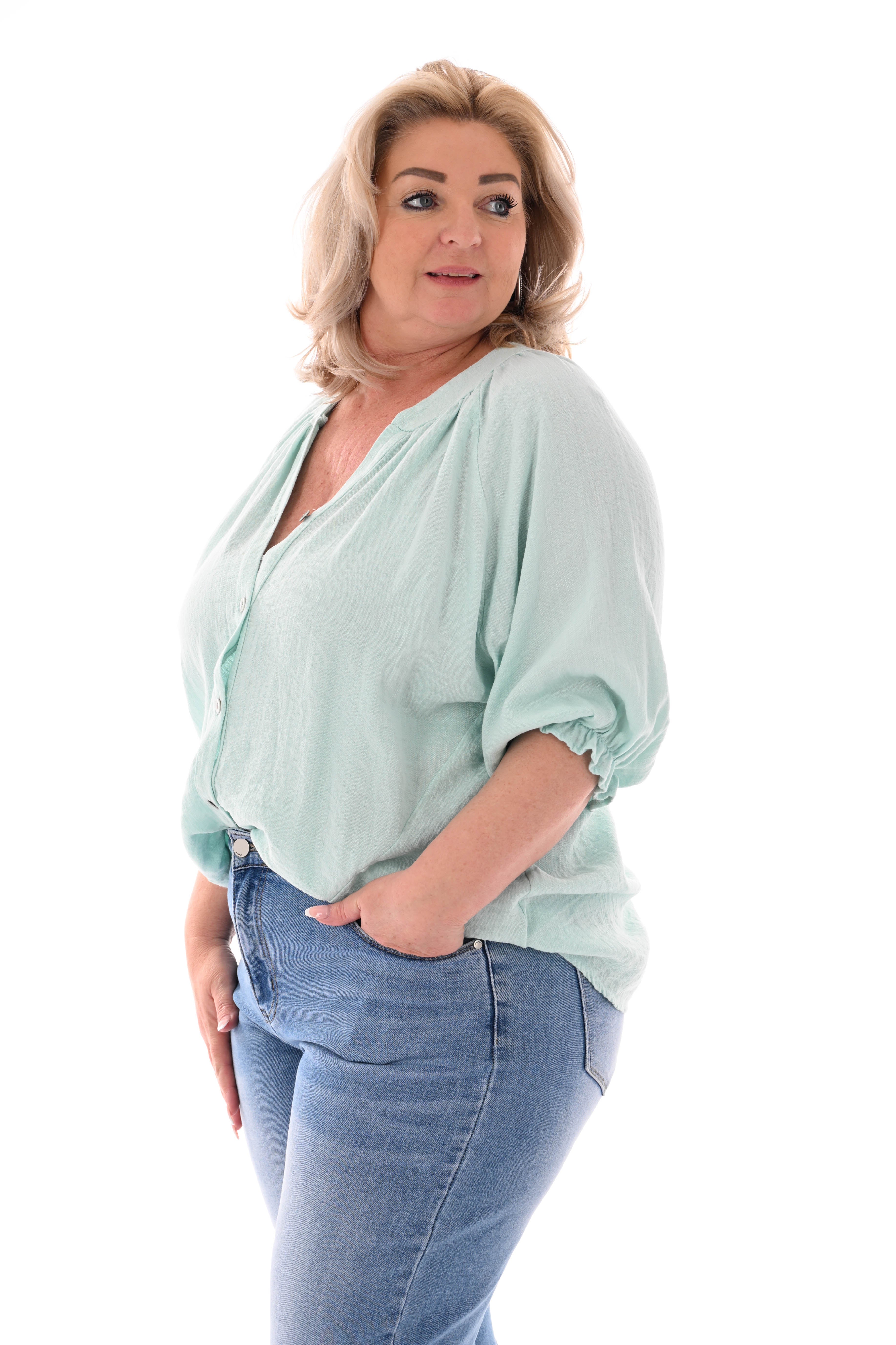 Blouse v-hals korte roezelmouwen mintgroen