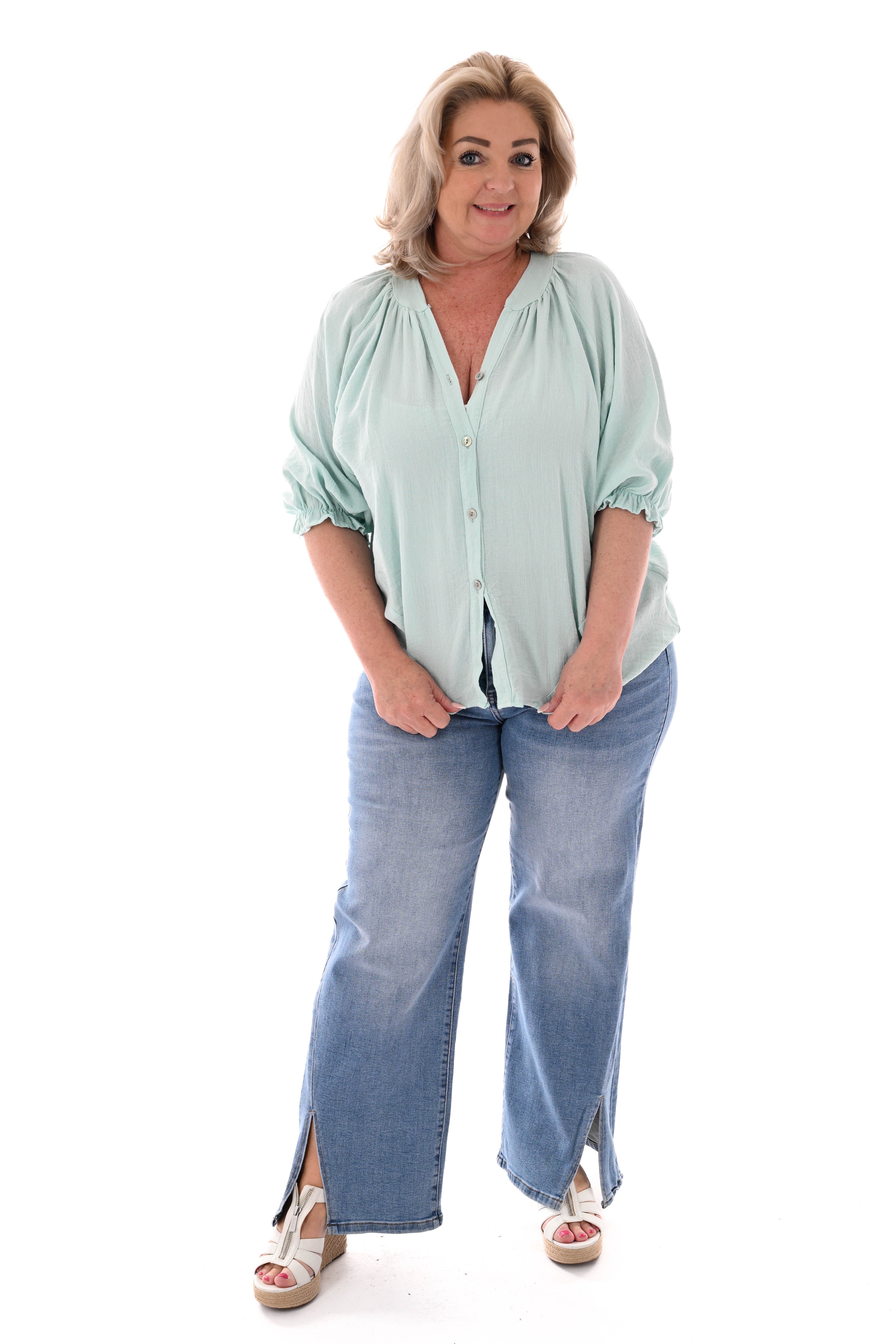 Blouse v-hals korte roezelmouwen mintgroen