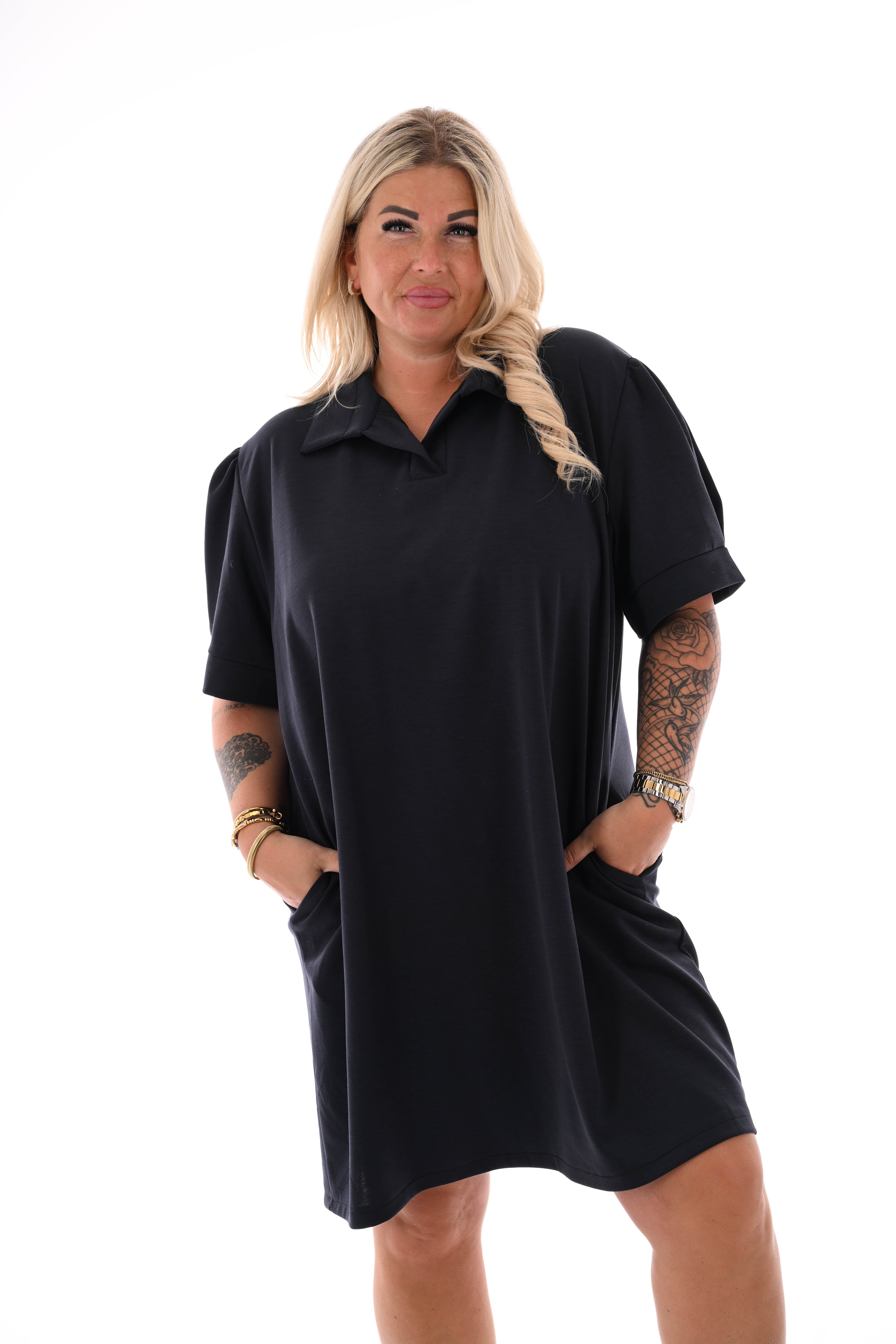 Sweaterdress korte pofmouwen uni marineblauw