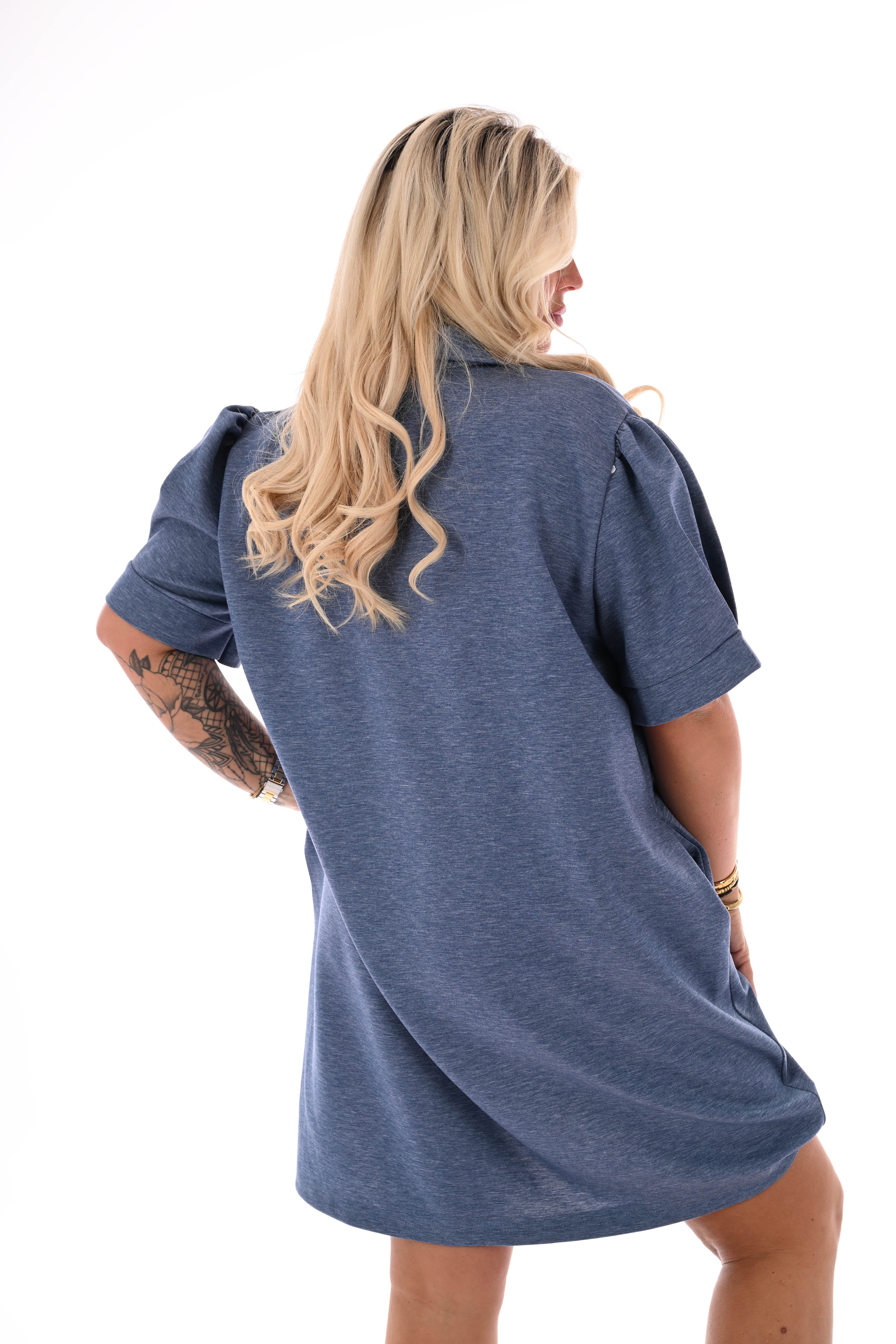 Sweaterdress korte pofmouwen uni jeansblauw