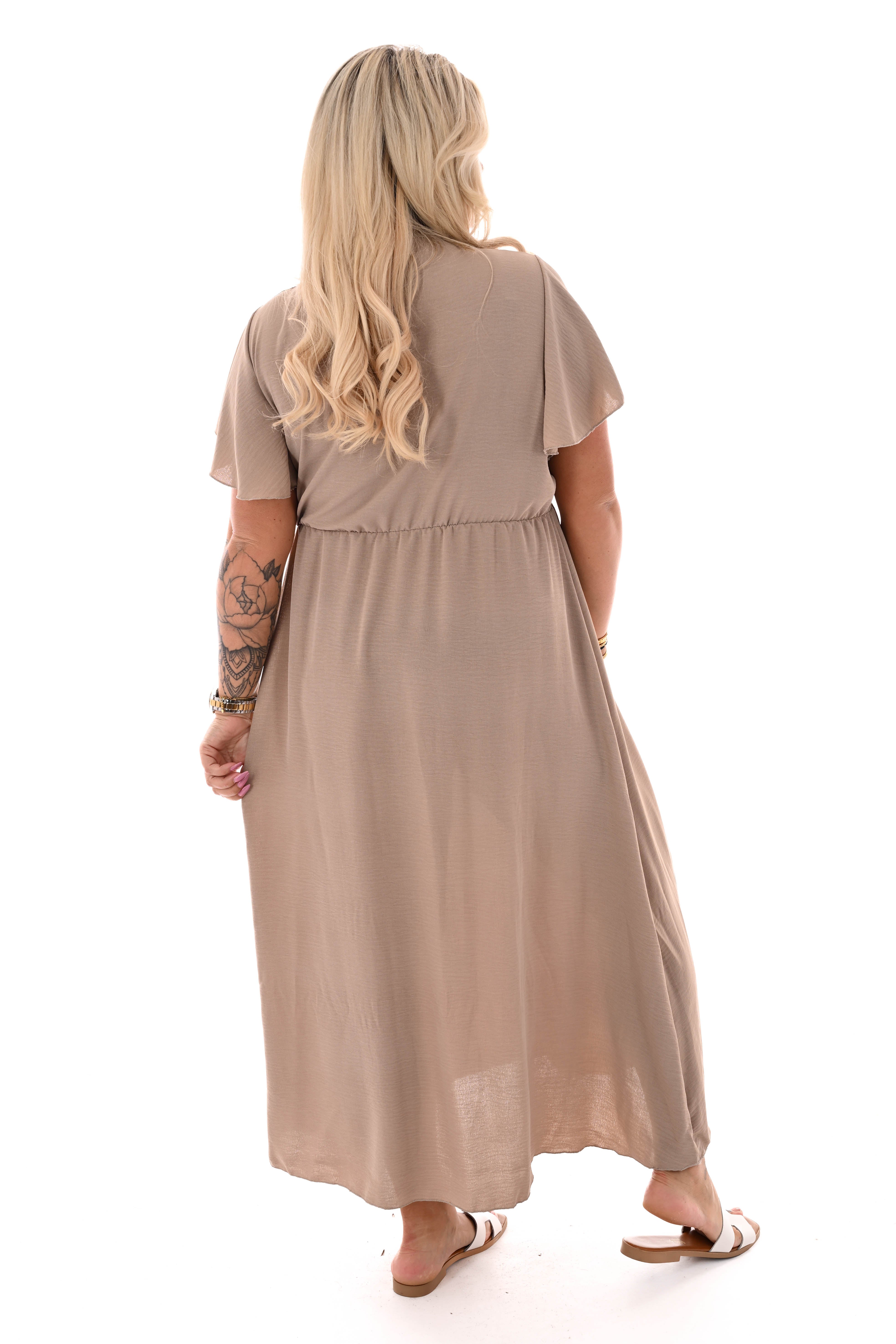 Maxi jurk korte mouwen strik uni taupe