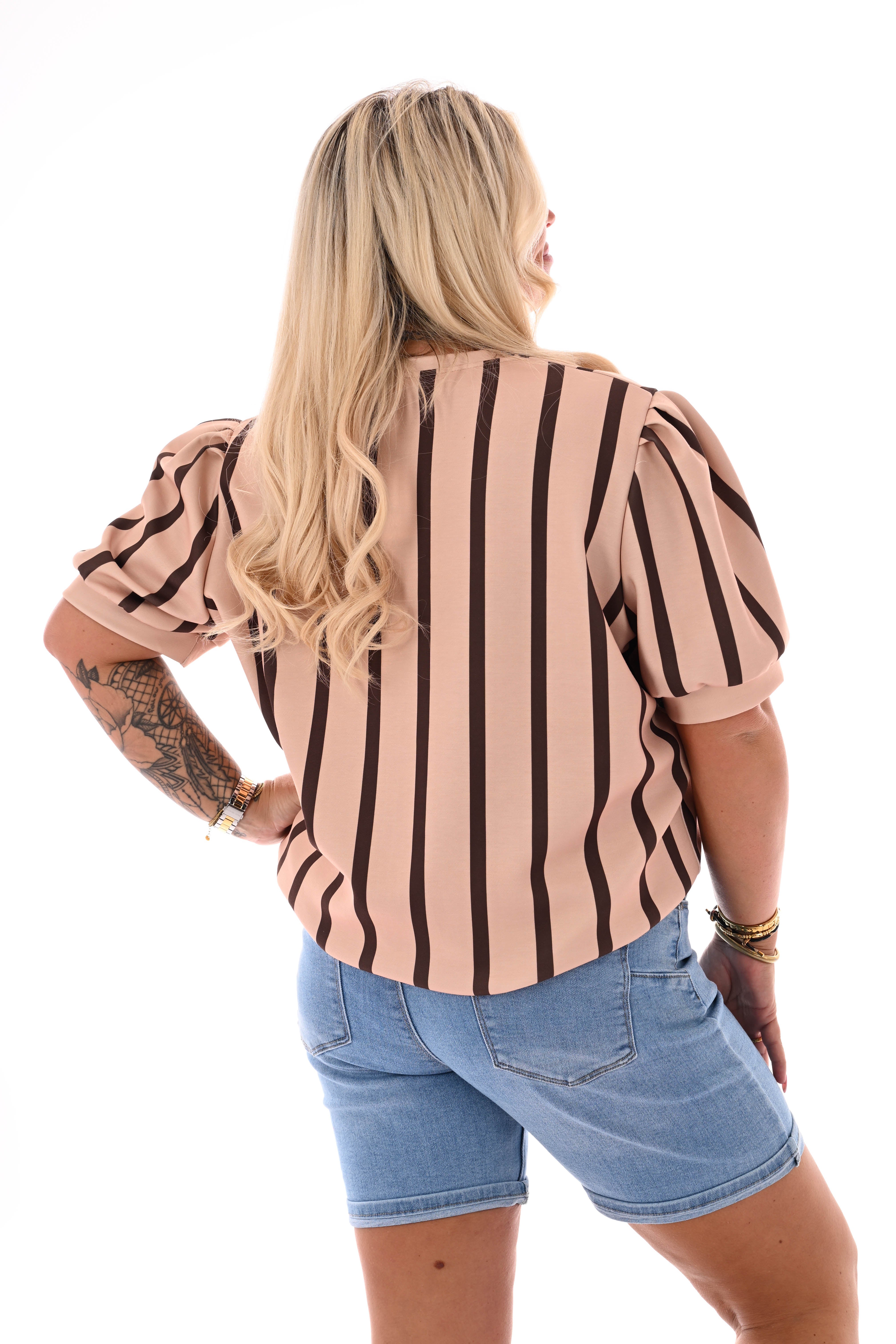 Sweater korte pofmouwen streep camel