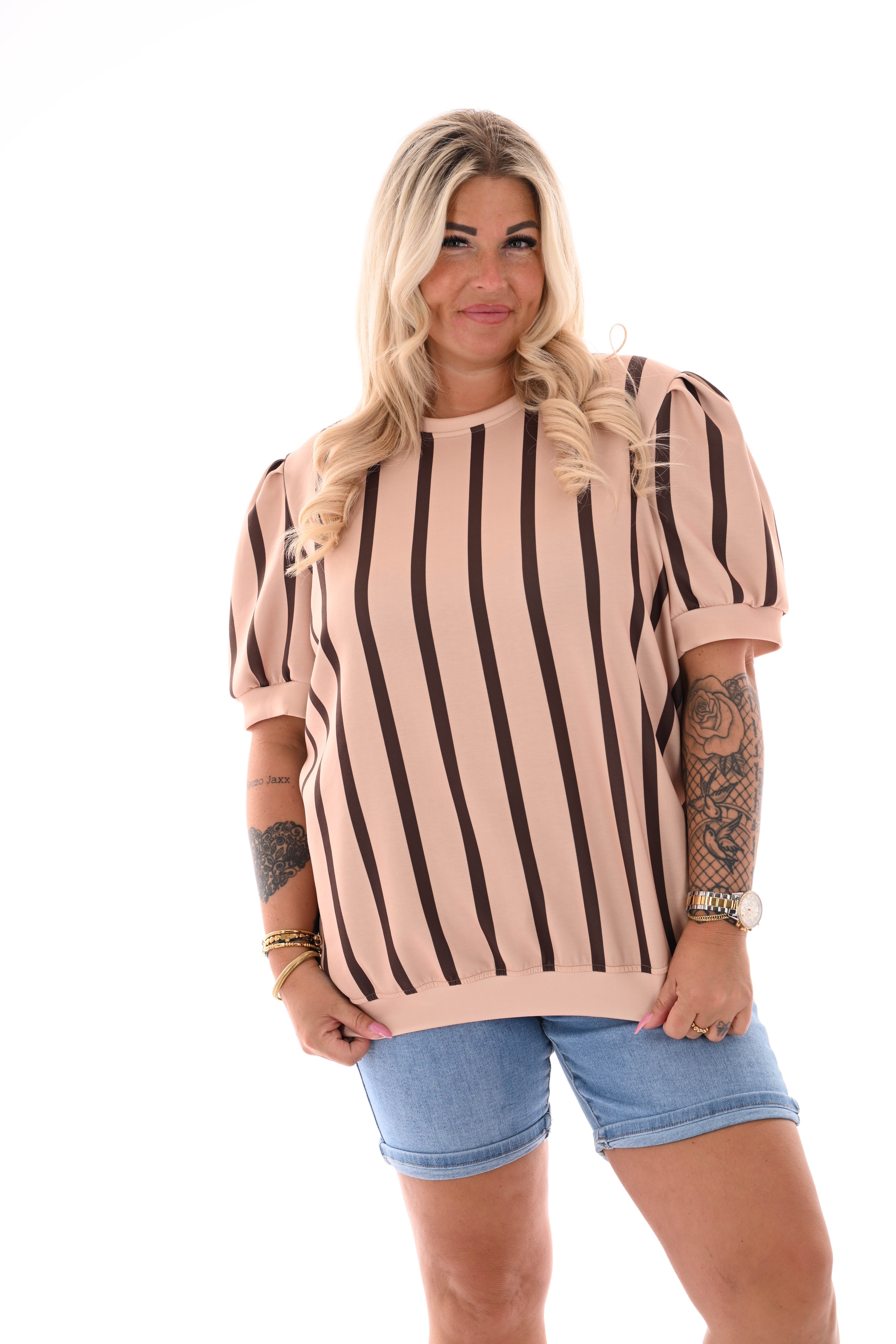 Sweater korte pofmouwen streep camel