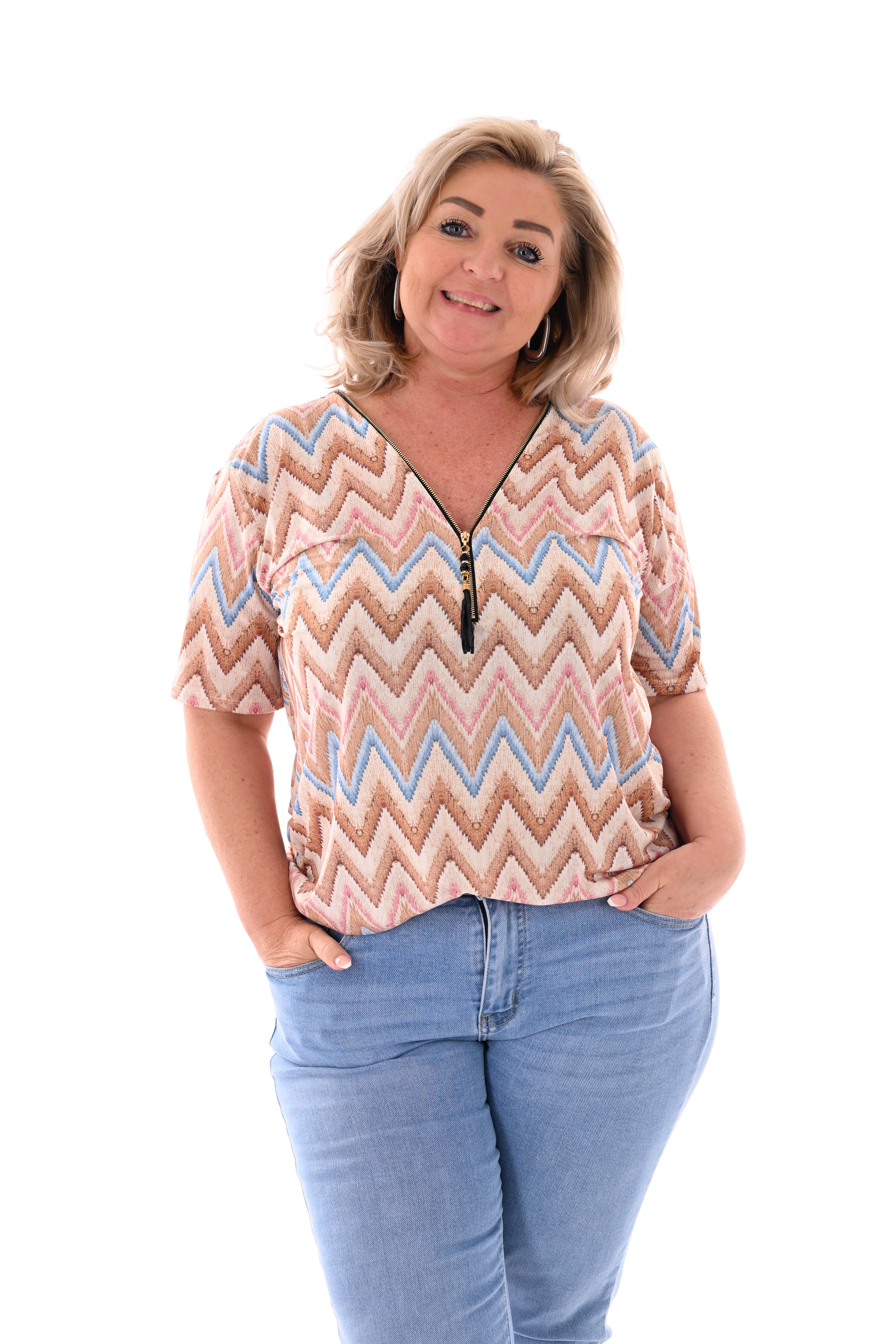 Top met rits zigzag beige/lichtbruin