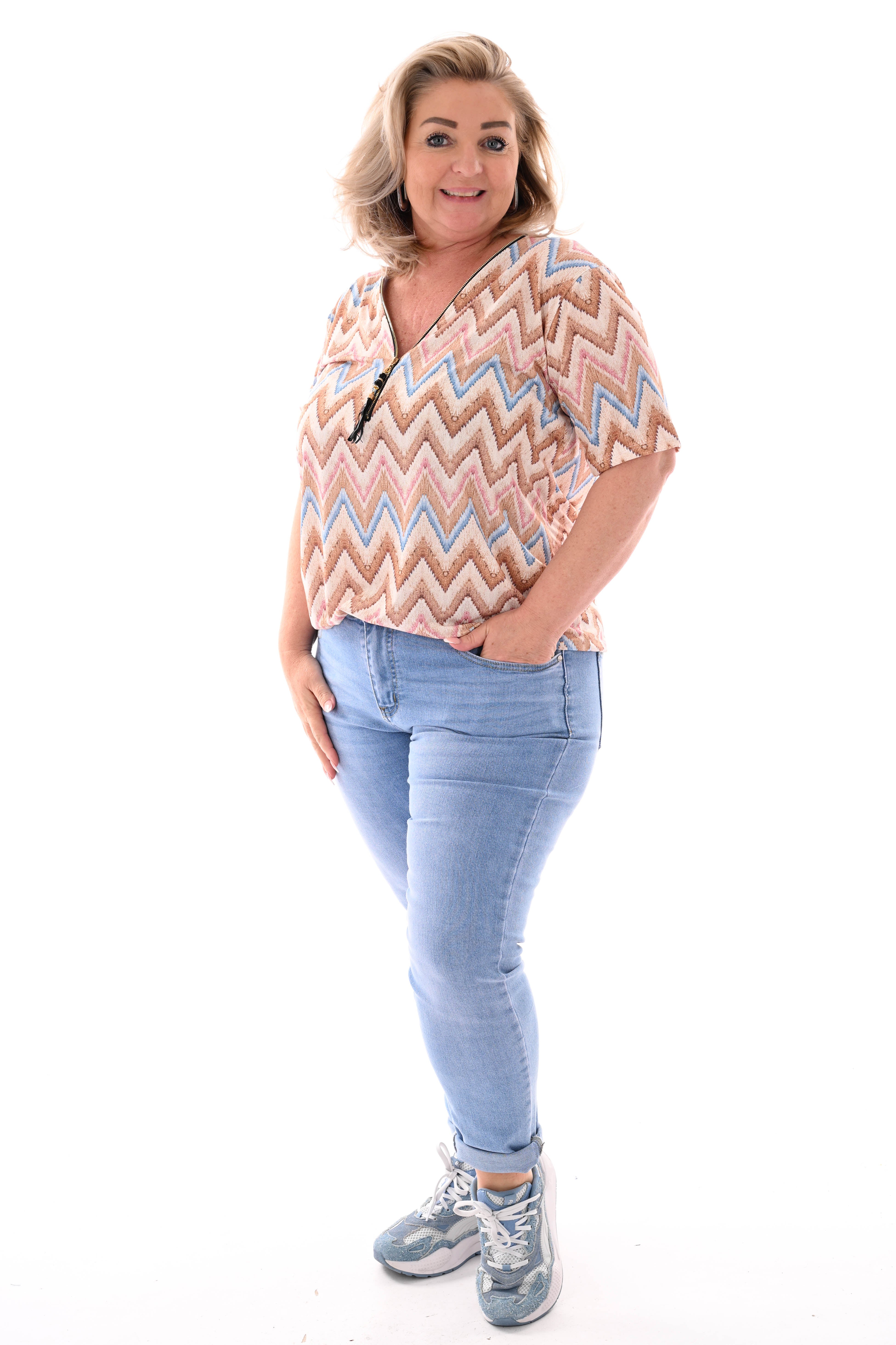 Top met rits zigzag beige/lichtbruin