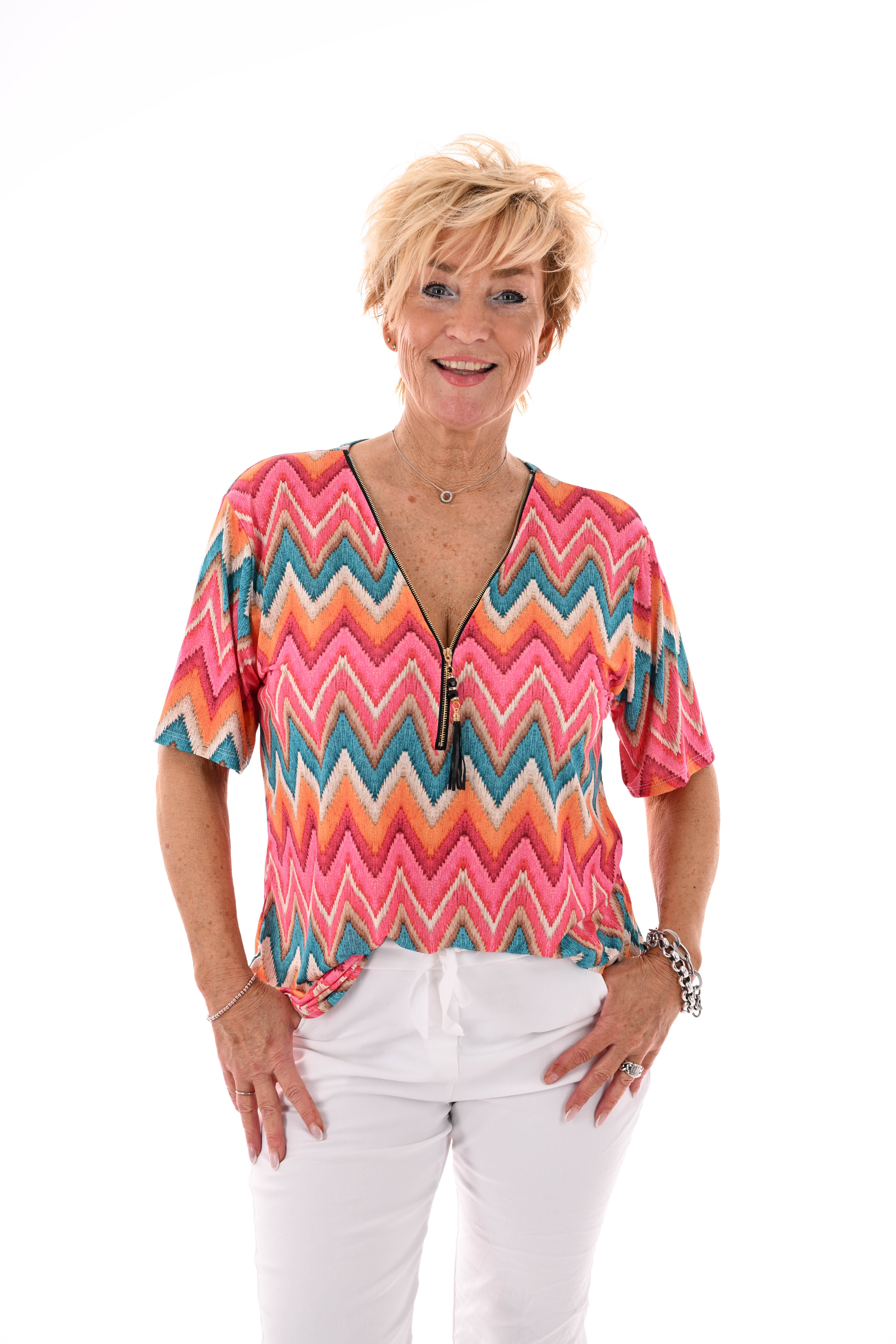 Top met rits zigzag donkerroze/oranje