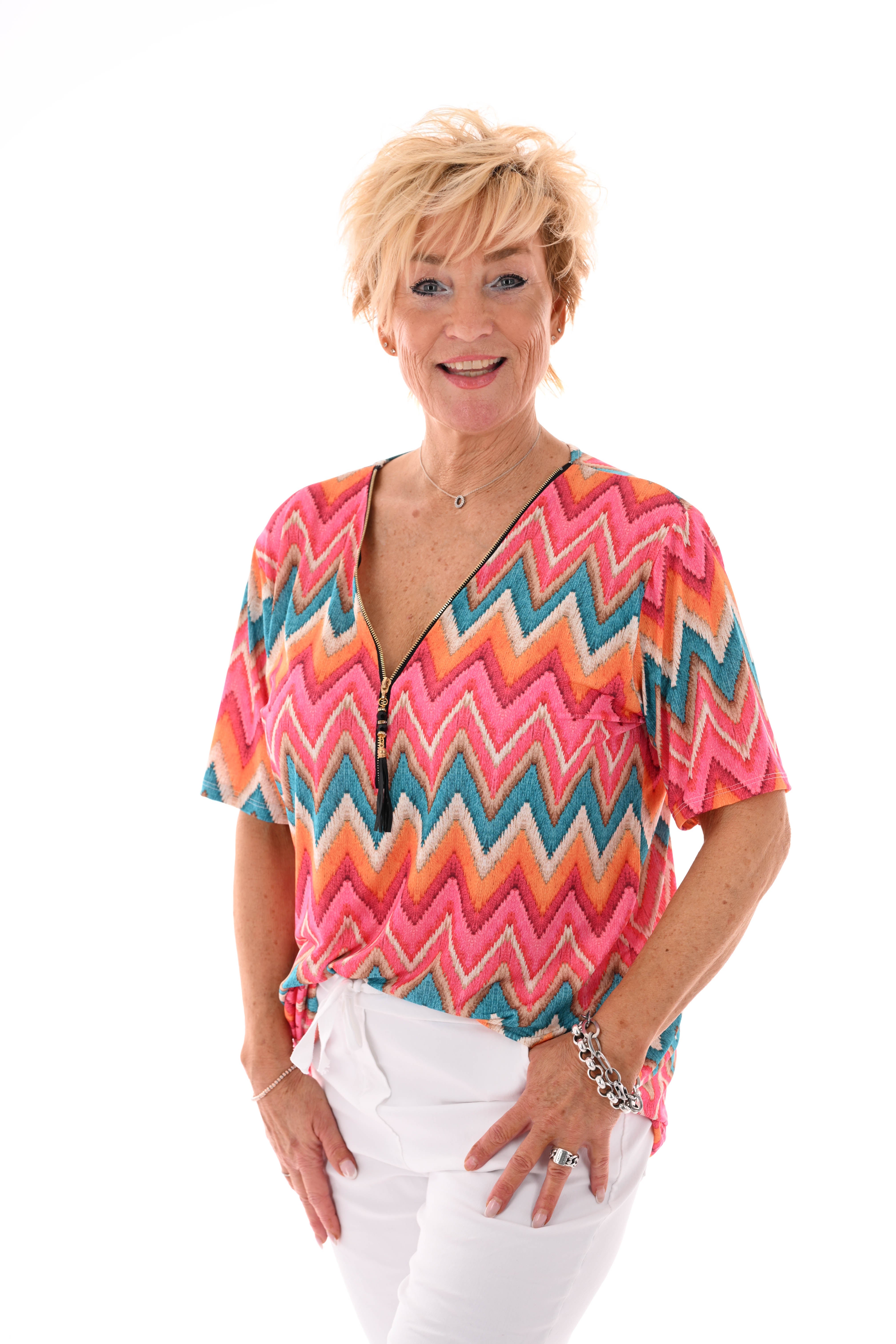 Top met rits zigzag donkerroze/oranje