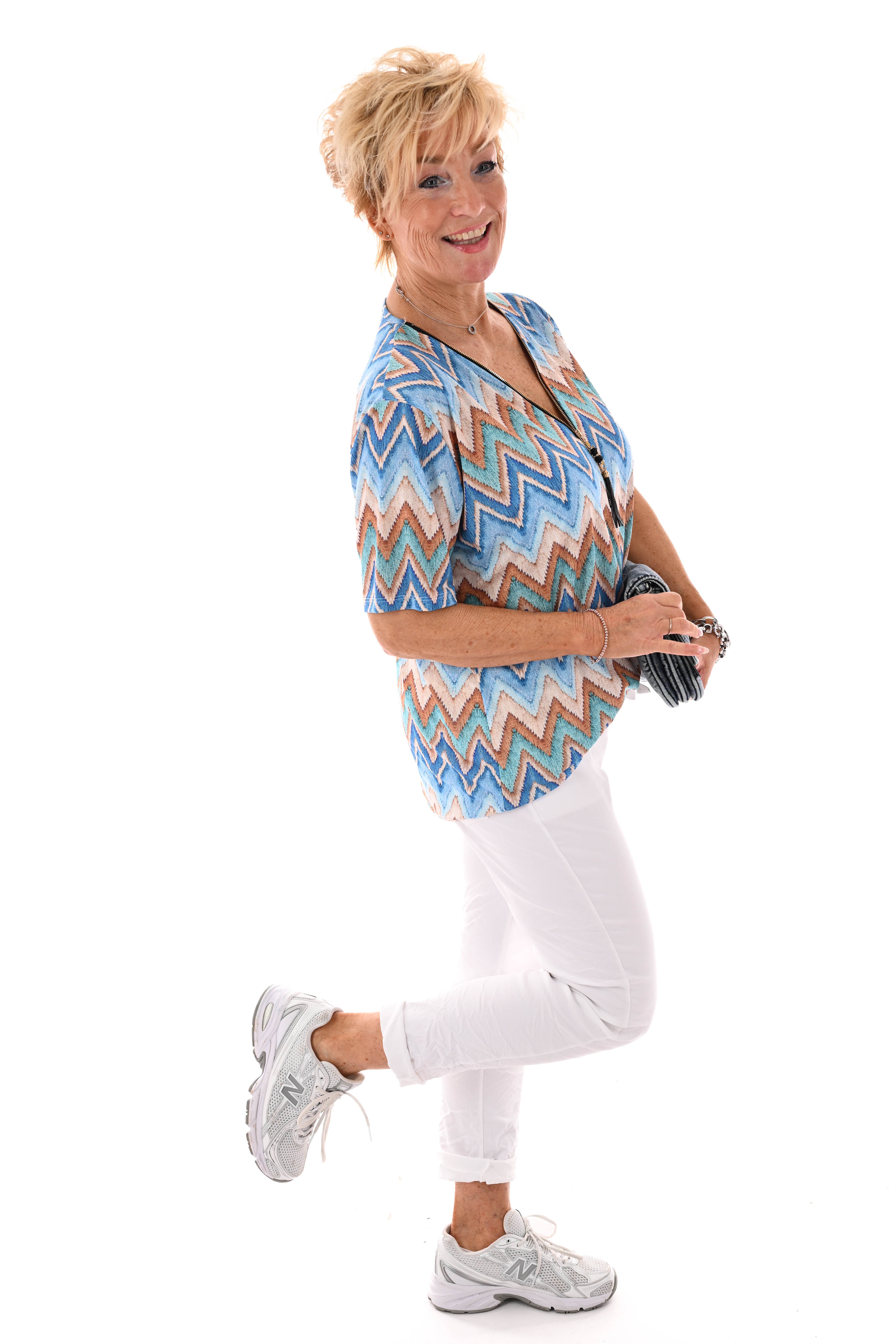 Top met rits zigzag blauw/lichtblauw